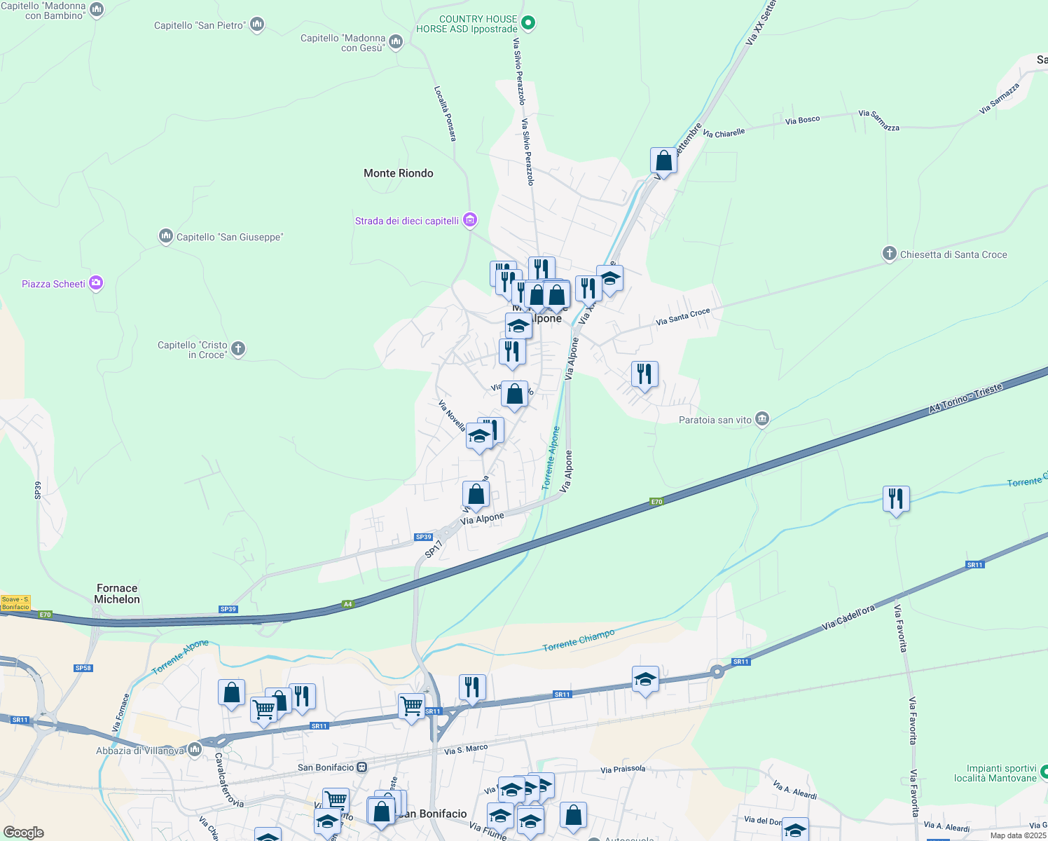 map of restaurants, bars, coffee shops, grocery stores, and more near 17 Viale Europa in Monteforte d'Alpone