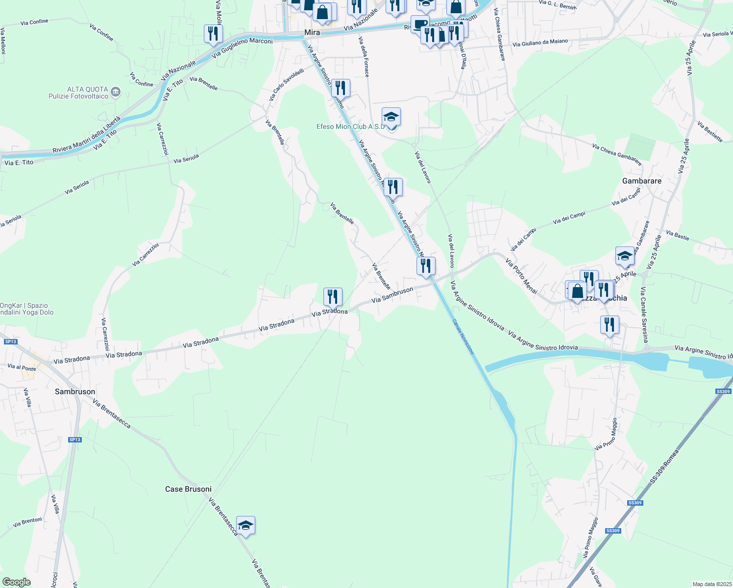 map of restaurants, bars, coffee shops, grocery stores, and more near 14 Via Sambruson in Mira