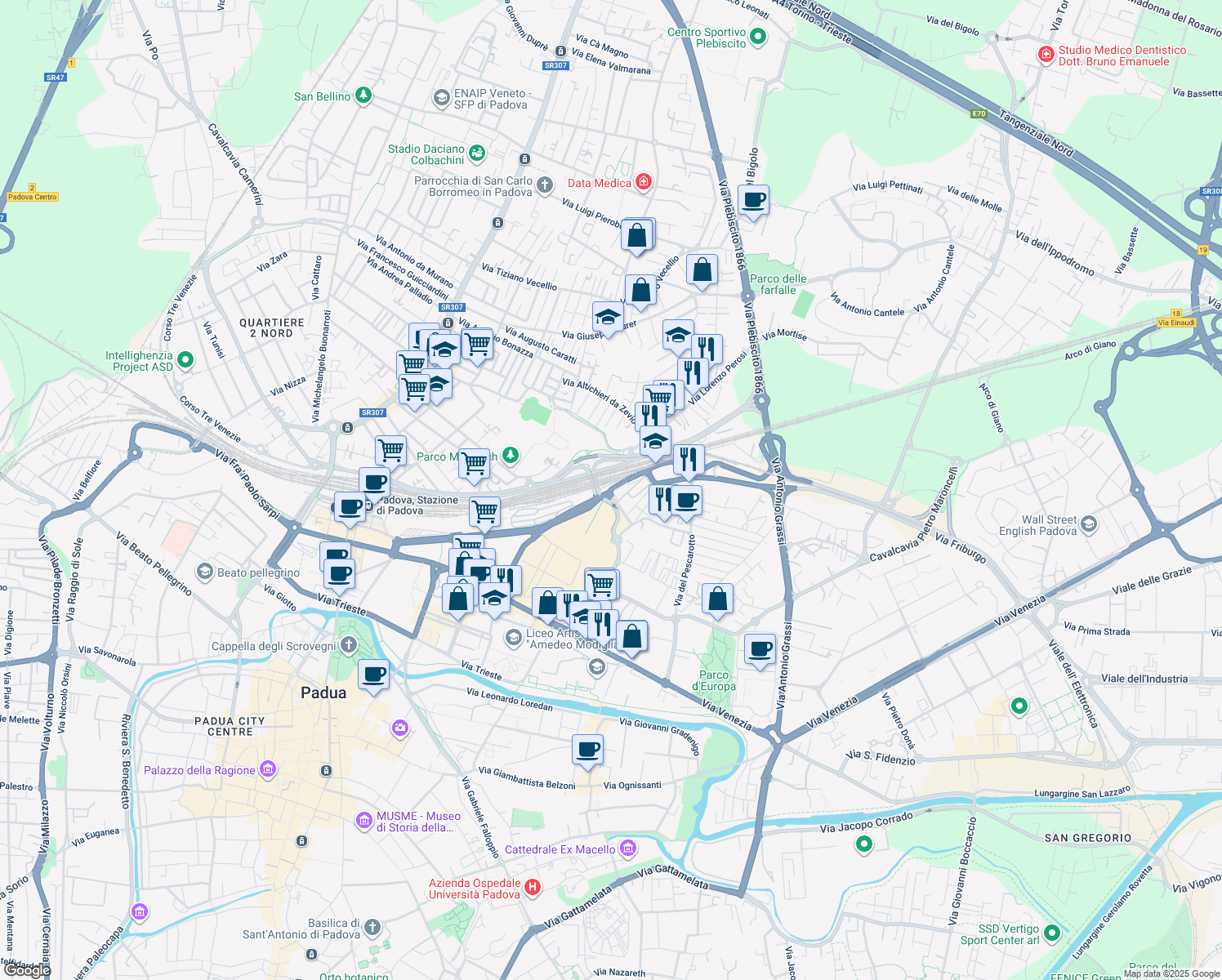 map of restaurants, bars, coffee shops, grocery stores, and more near Via Jacopo d'Avanzo in Padova