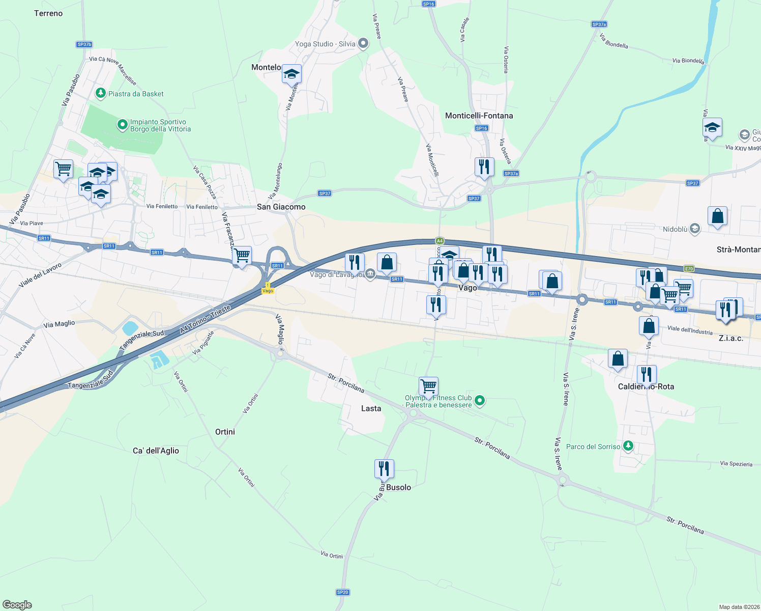 map of restaurants, bars, coffee shops, grocery stores, and more near 2/B Via C. Battisti in Vago