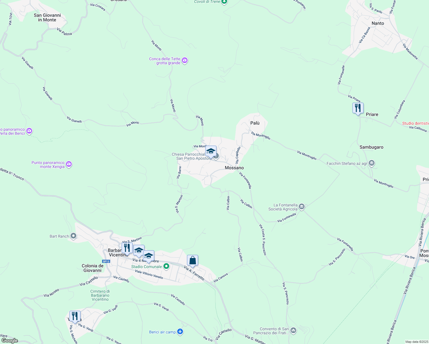 map of restaurants, bars, coffee shops, grocery stores, and more near 3 Via Calbin in Mossano