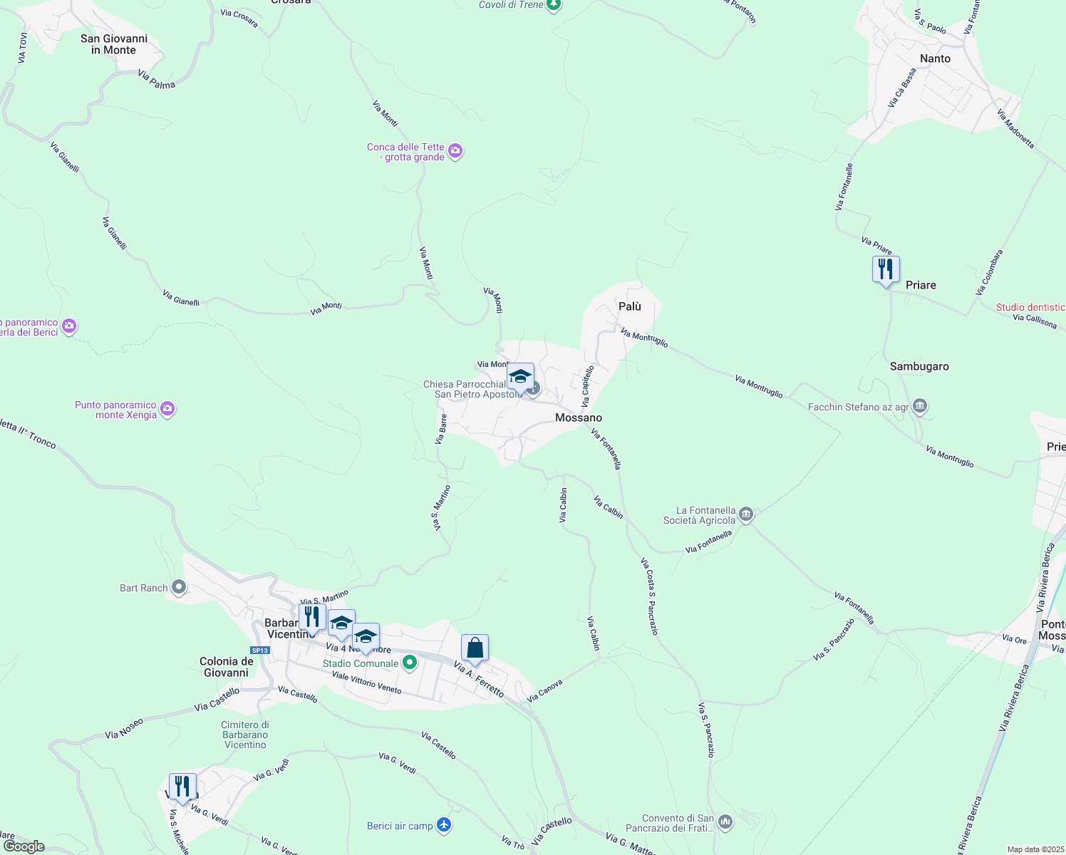 map of restaurants, bars, coffee shops, grocery stores, and more near 3 Via Calbin in Mossano