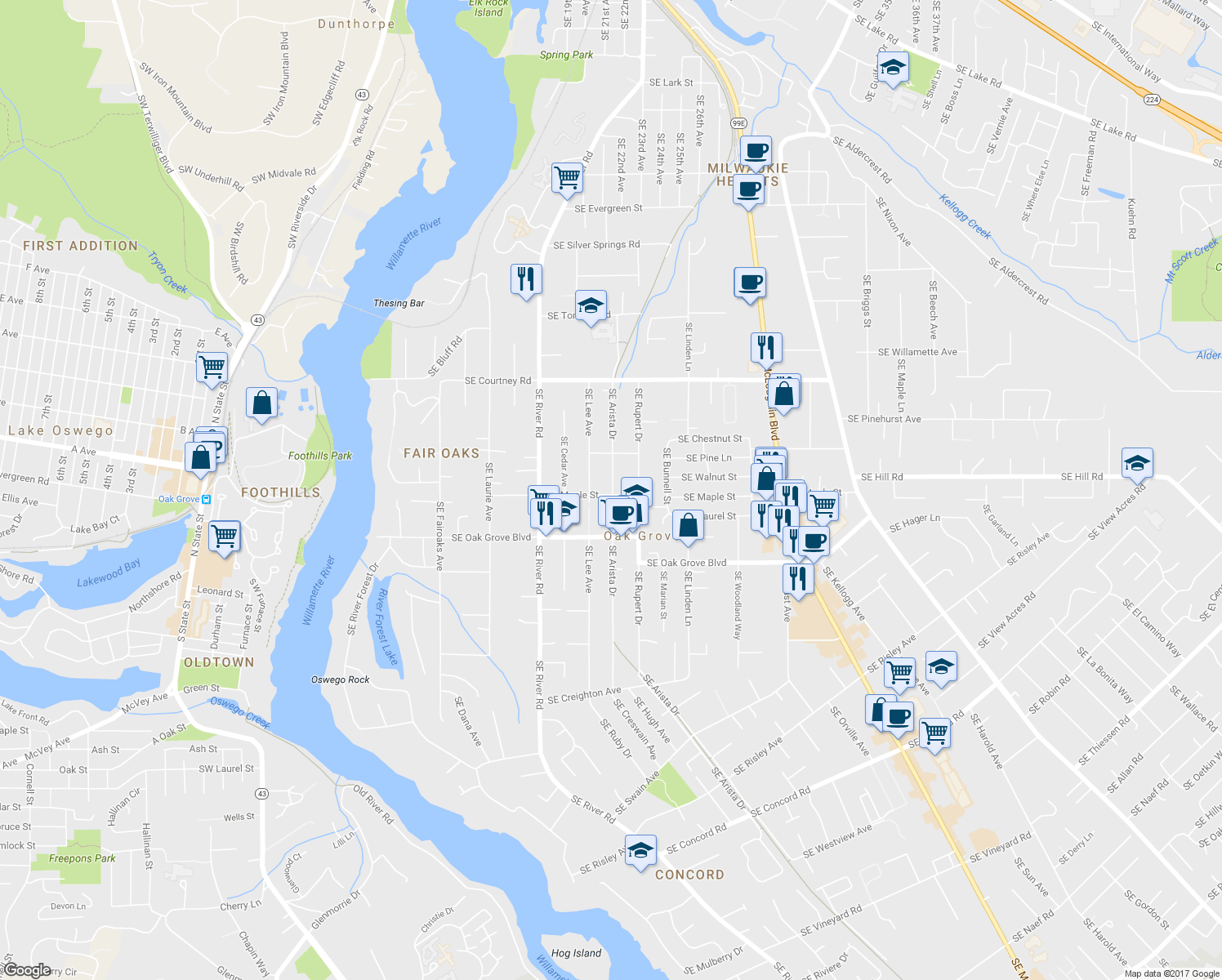 map of restaurants, bars, coffee shops, grocery stores, and more near 14603 Southeast Arista Drive in Oak Grove