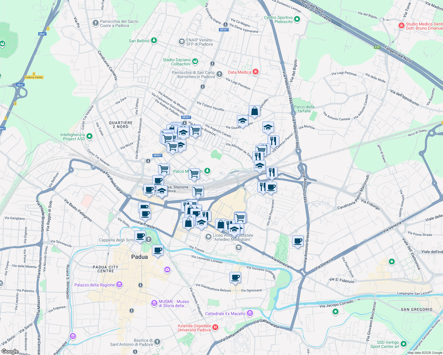 map of restaurants, bars, coffee shops, grocery stores, and more near Via Jacopo Avanzo in Padua