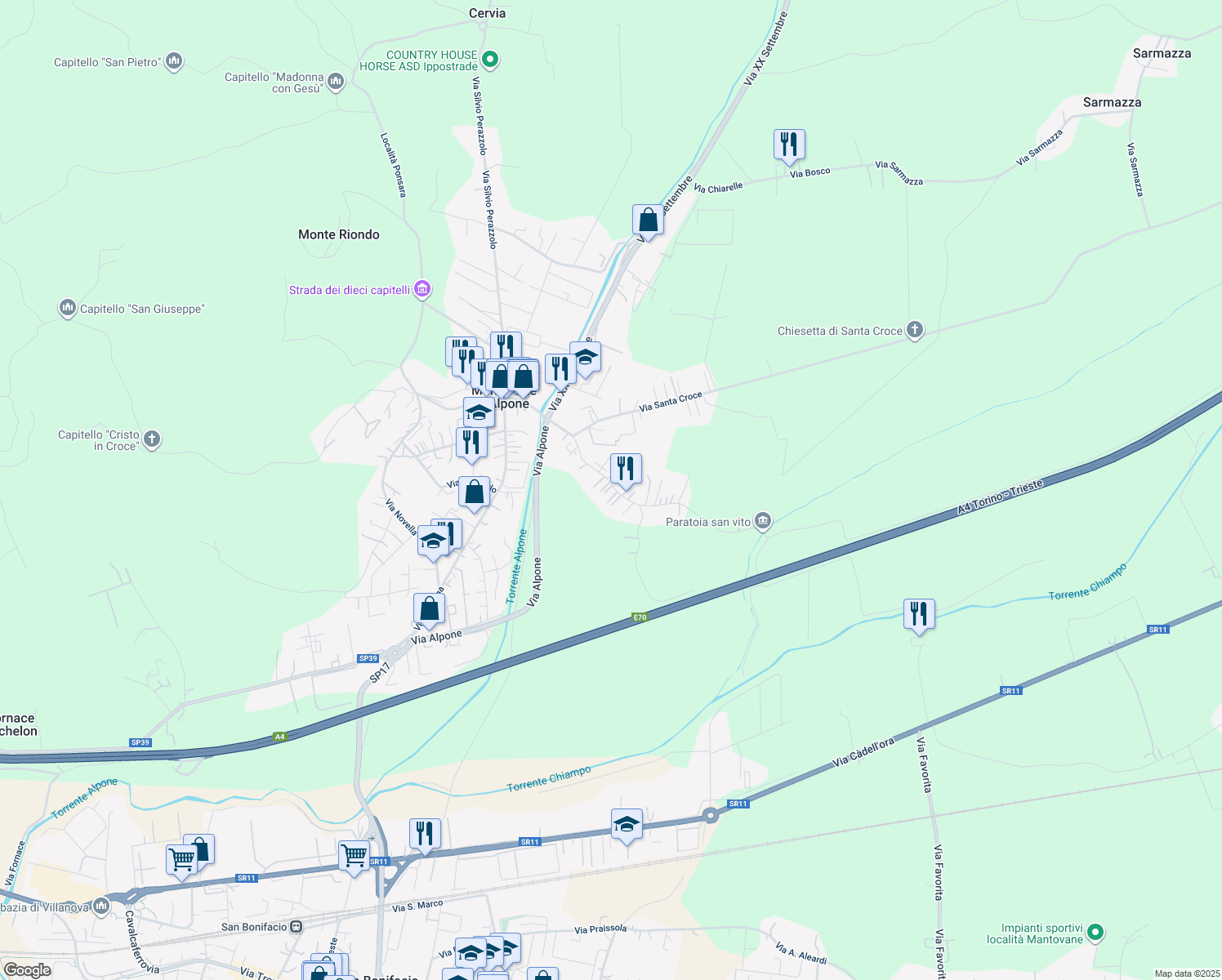 map of restaurants, bars, coffee shops, grocery stores, and more near 120 Via Roma in Monteforte d'Alpone