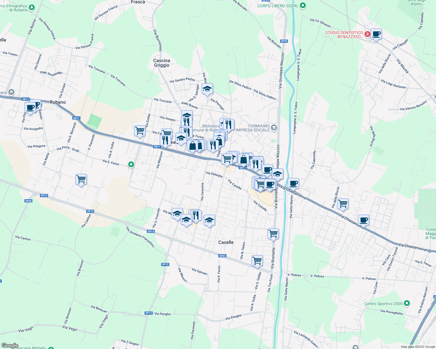 map of restaurants, bars, coffee shops, grocery stores, and more near 20 Via Grazia Deledda in Caselle