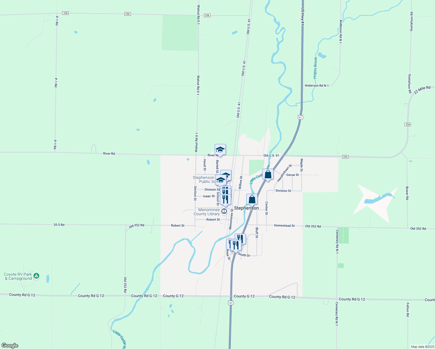 map of restaurants, bars, coffee shops, grocery stores, and more near Bartell Street in Stephenson