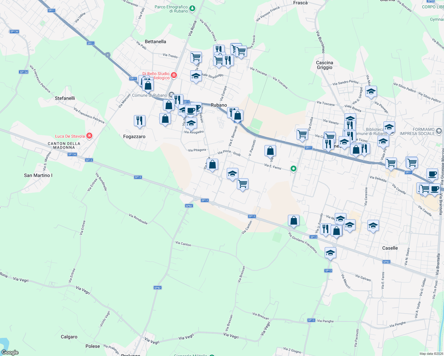 map of restaurants, bars, coffee shops, grocery stores, and more near Viale Industria in Rubano