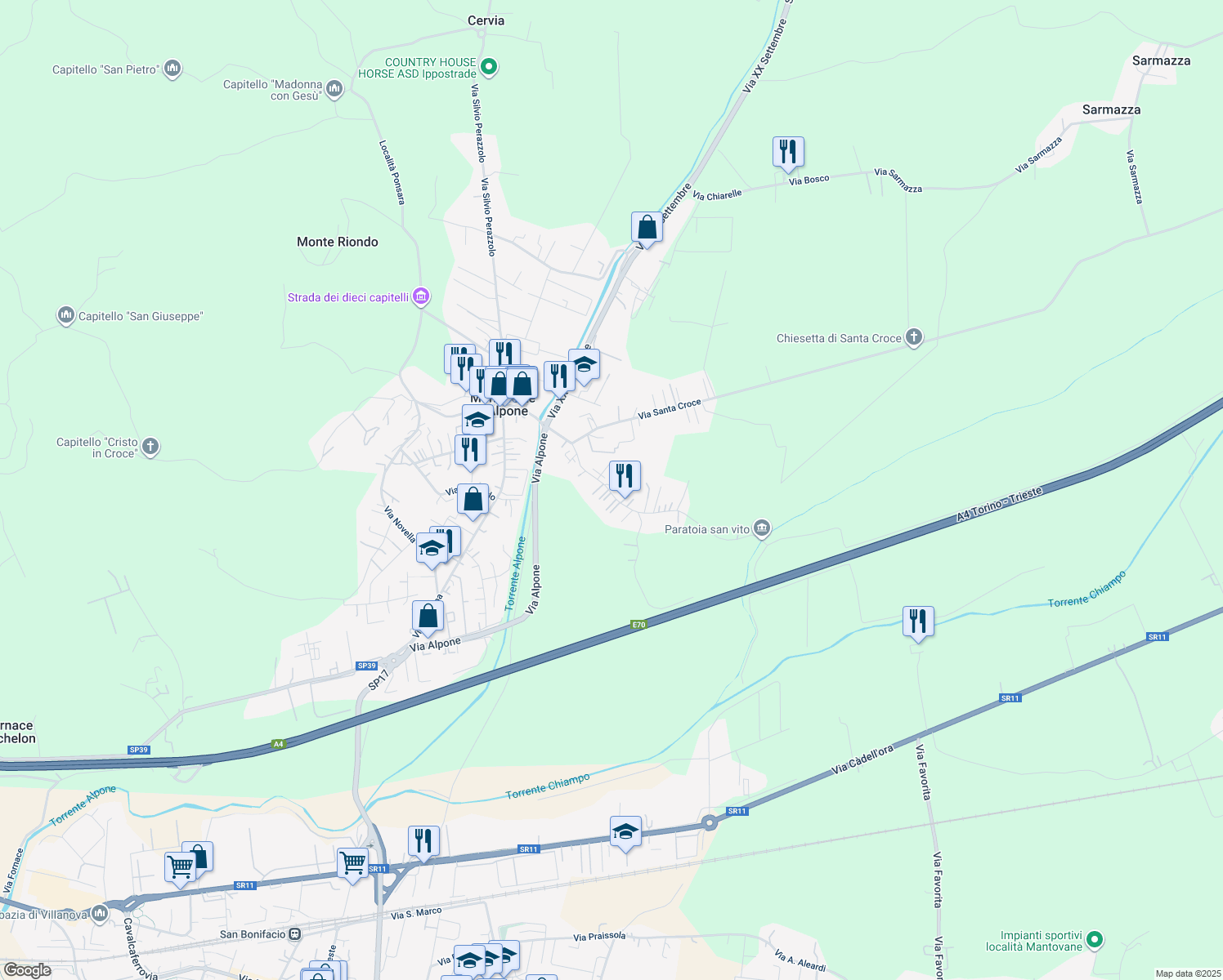map of restaurants, bars, coffee shops, grocery stores, and more near 120 Via Roma in Monteforte d'Alpone