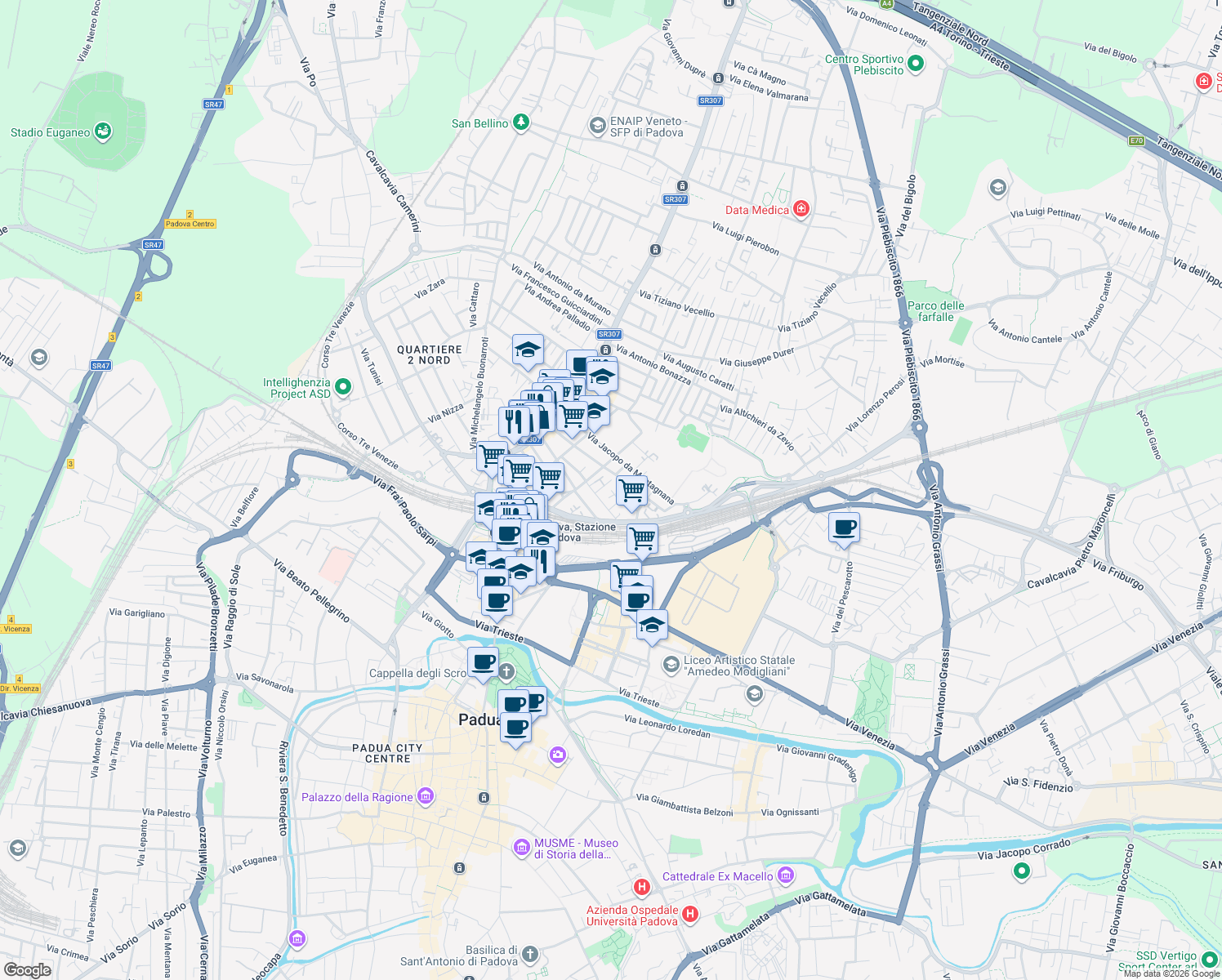 map of restaurants, bars, coffee shops, grocery stores, and more near Via Domenico Bonati in Padova