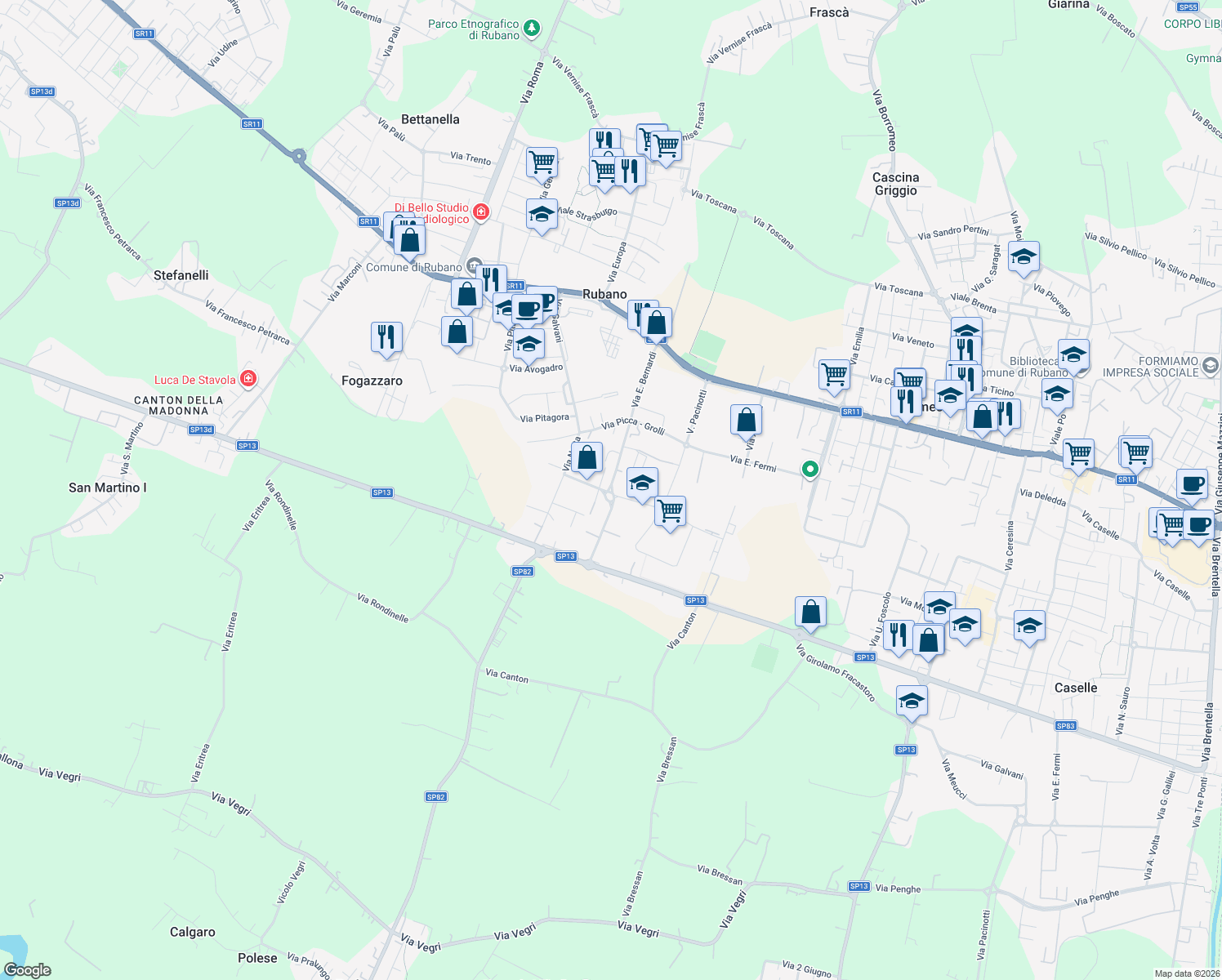 map of restaurants, bars, coffee shops, grocery stores, and more near Viale Industria in Rubano