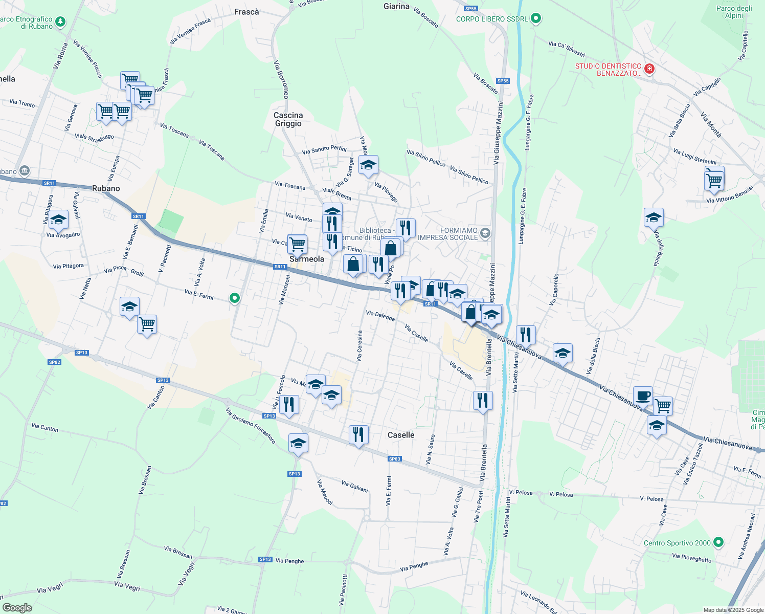 map of restaurants, bars, coffee shops, grocery stores, and more near 20 Via Grazia Deledda in Caselle
