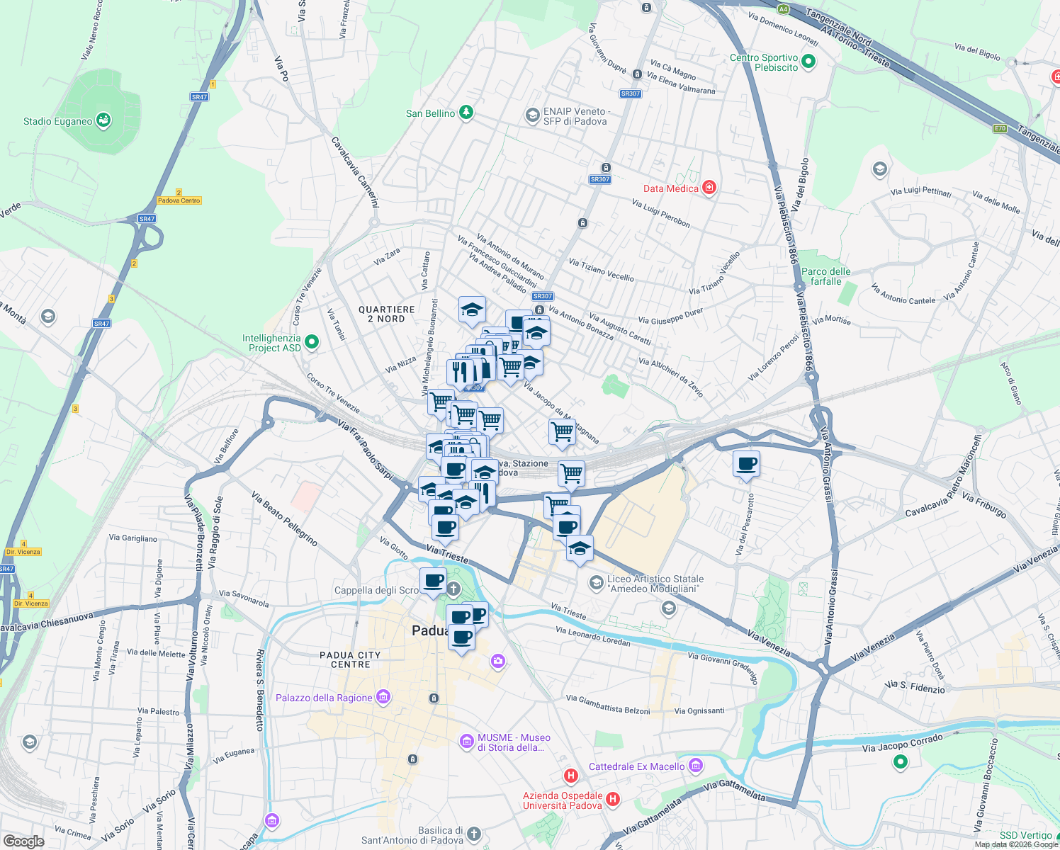 map of restaurants, bars, coffee shops, grocery stores, and more near Via Domenico Bonati in Padova