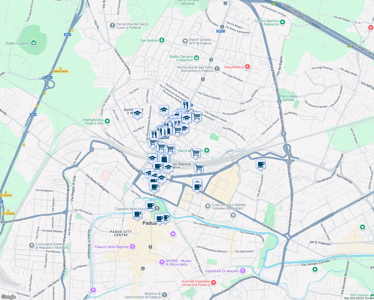map of restaurants, bars, coffee shops, grocery stores, and more near 29 Via Pietro Selvatico in Padua