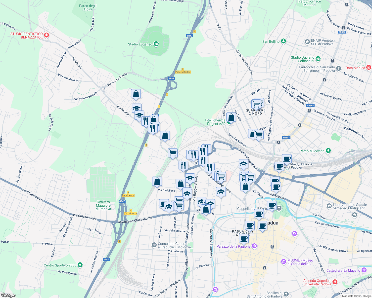 map of restaurants, bars, coffee shops, grocery stores, and more near 13 Via Umberto Cagni in Padova