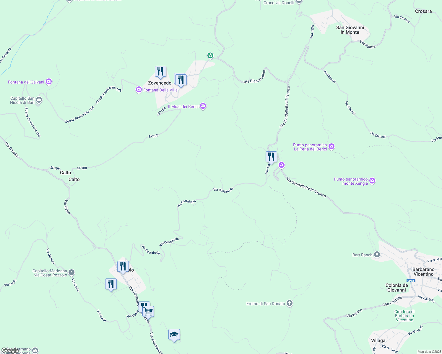 map of restaurants, bars, coffee shops, grocery stores, and more near 10 Via Tavella in Provincia di Vicenza