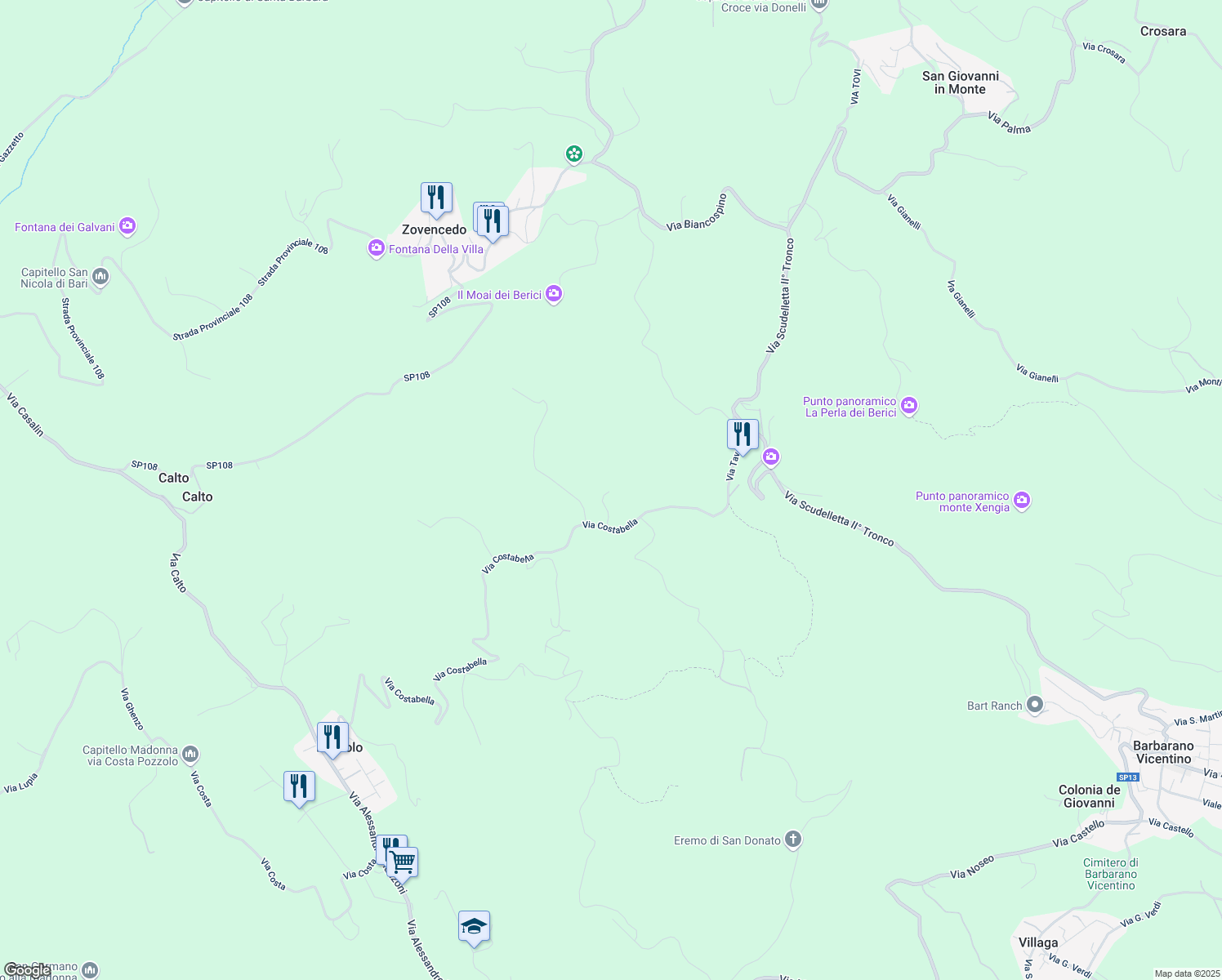 map of restaurants, bars, coffee shops, grocery stores, and more near 10 Via Tavella in Provincia di Vicenza