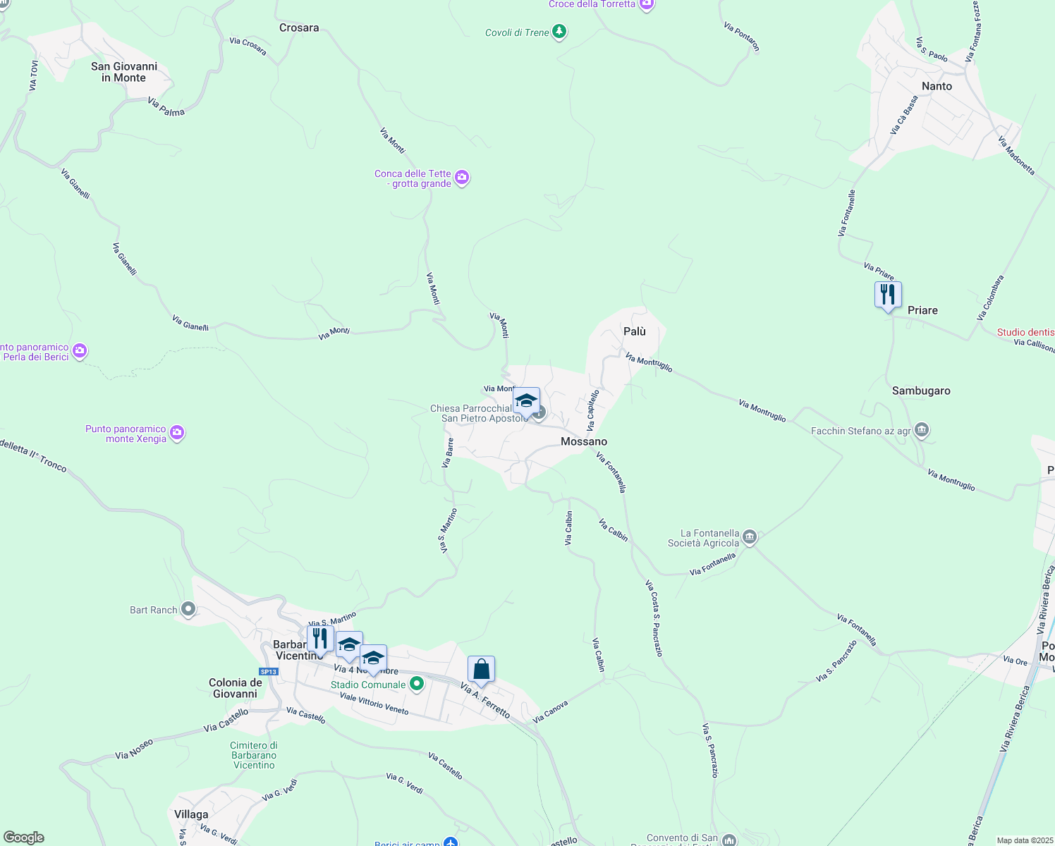 map of restaurants, bars, coffee shops, grocery stores, and more near Strada Provinciale 14 in Mossano