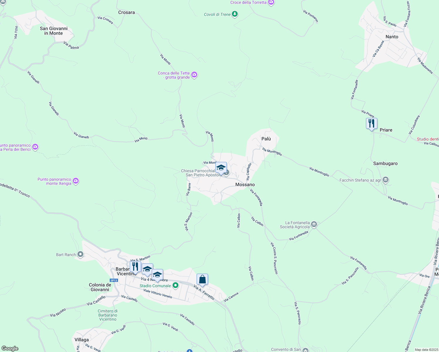 map of restaurants, bars, coffee shops, grocery stores, and more near Strada Provinciale 14 in Mossano