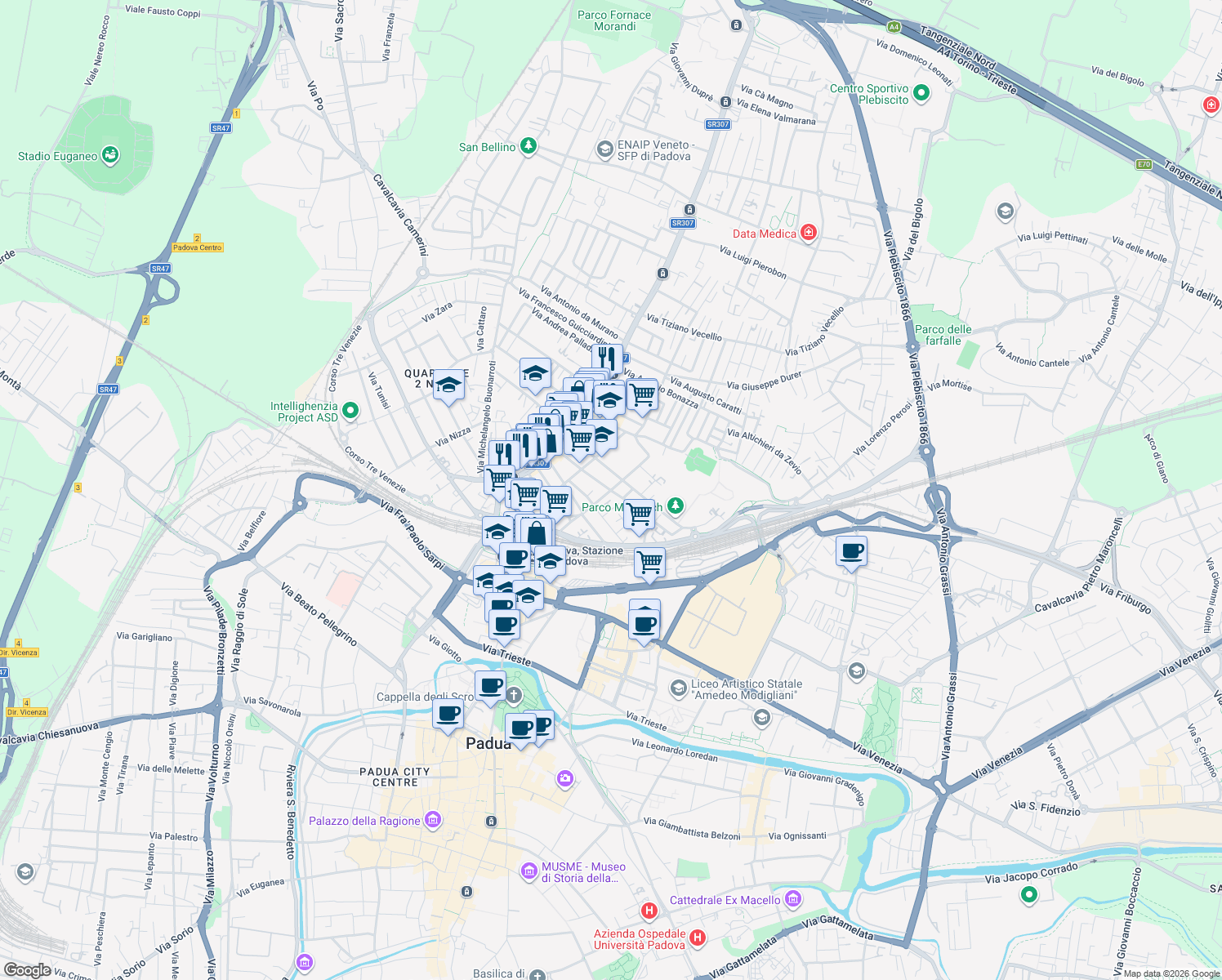 map of restaurants, bars, coffee shops, grocery stores, and more near 29 Via Pietro Selvatico in Padua