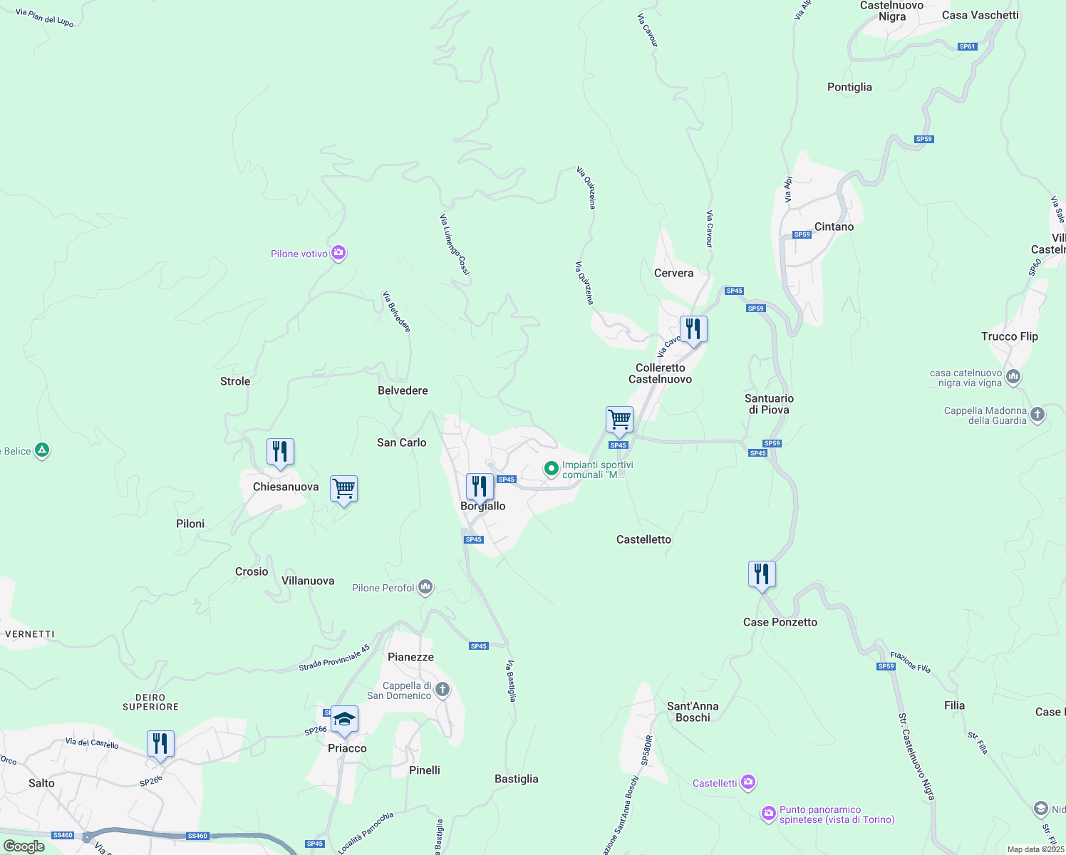 map of restaurants, bars, coffee shops, grocery stores, and more near 61 Via Luinengo-Cossi in Città Metropolitana di Torino