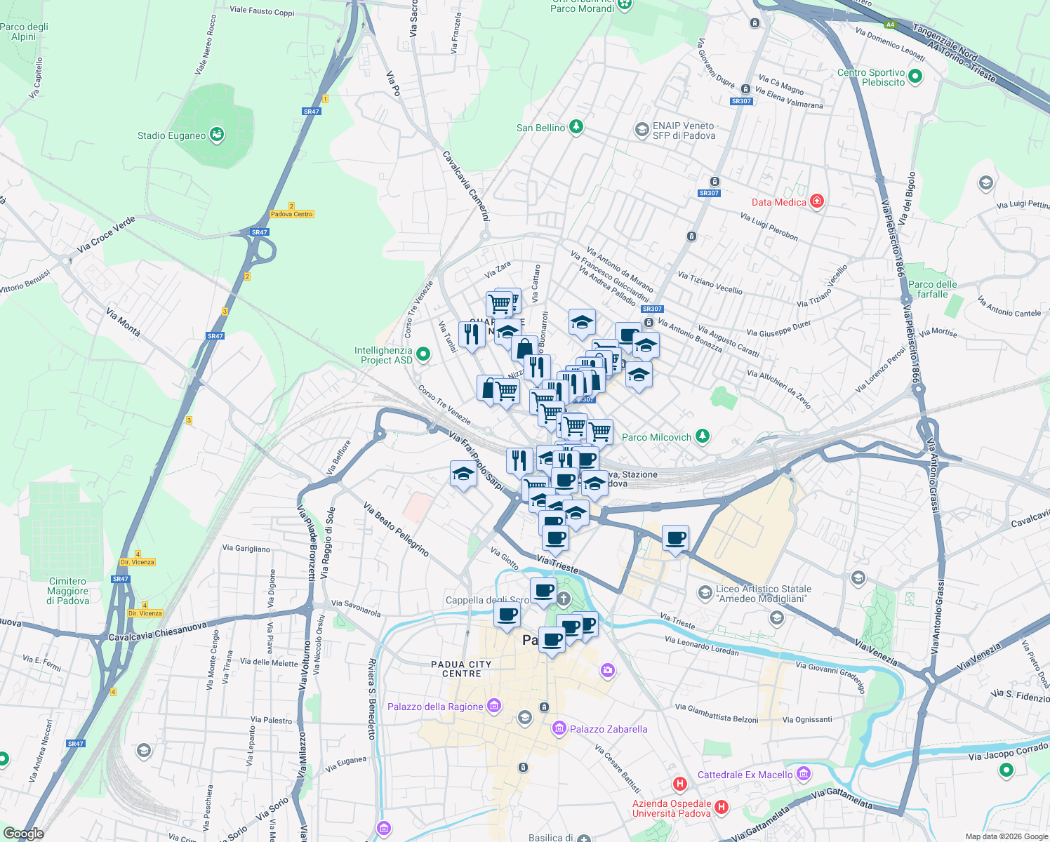 map of restaurants, bars, coffee shops, grocery stores, and more near 2 Vicolo Michelangelo Buonarroti in Padova