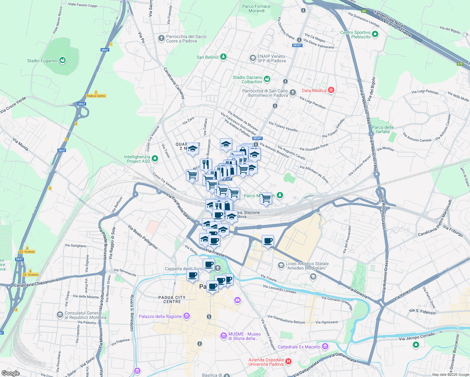 map of restaurants, bars, coffee shops, grocery stores, and more near 4 Via Giovanni da Gaibana in Padua