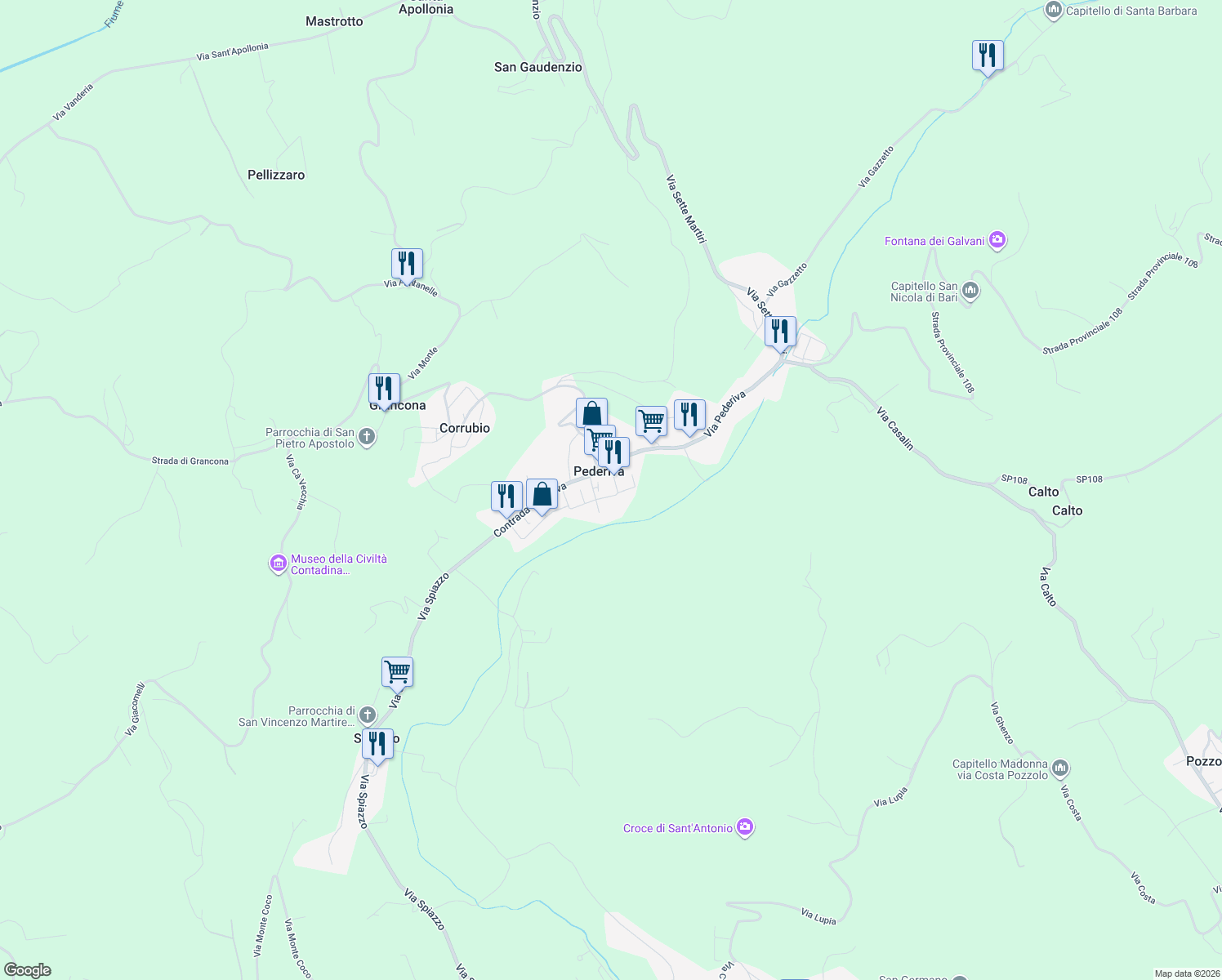 map of restaurants, bars, coffee shops, grocery stores, and more near 88 Via Palladio in Province of Vicenza