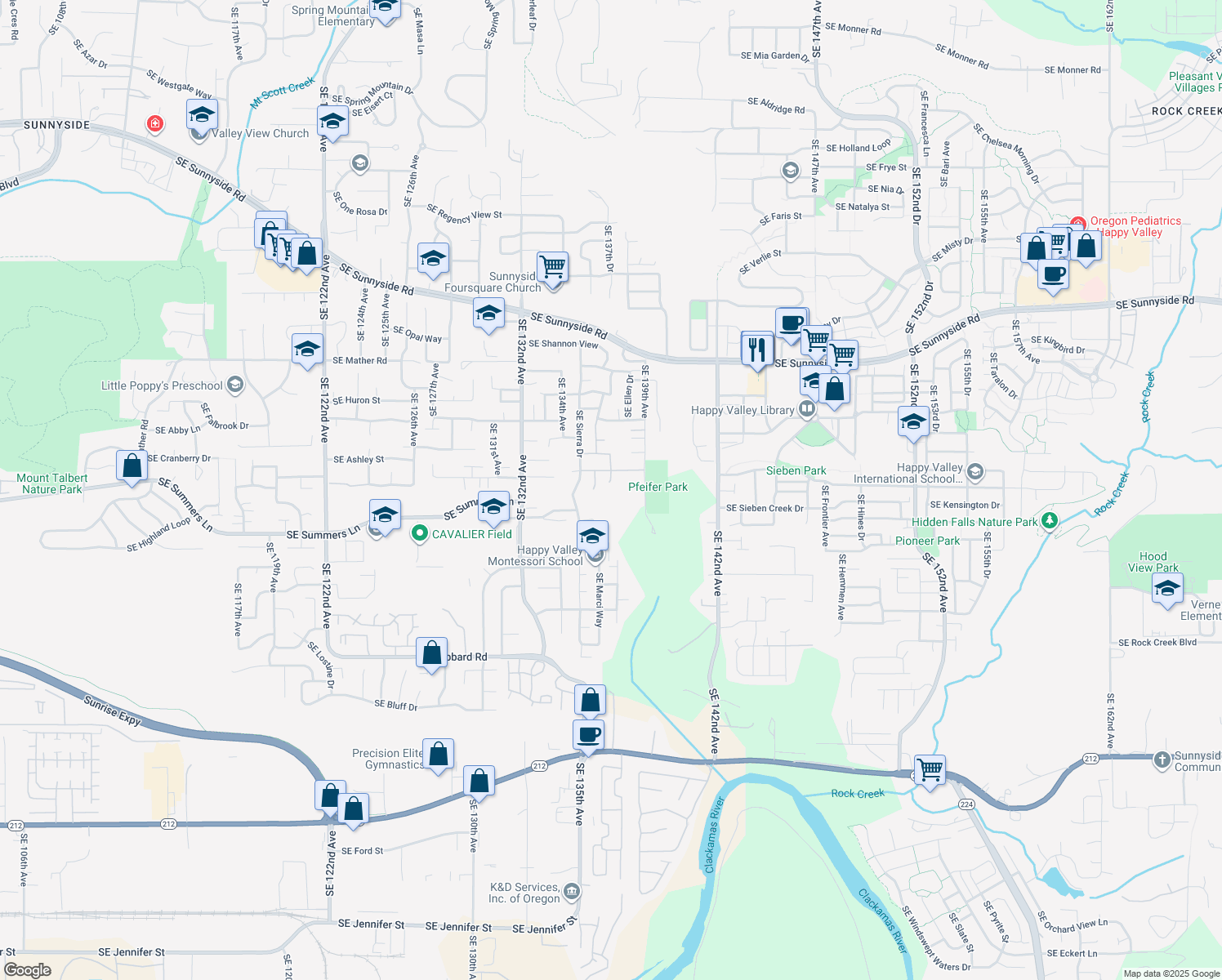 map of restaurants, bars, coffee shops, grocery stores, and more near 14138 SE 137th Ave in Clackamas