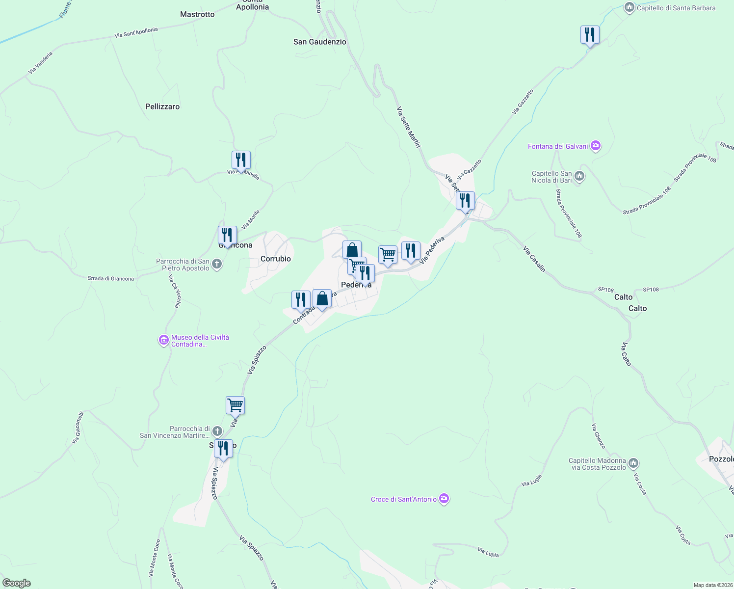 map of restaurants, bars, coffee shops, grocery stores, and more near 88 Via Palladio in Province of Vicenza