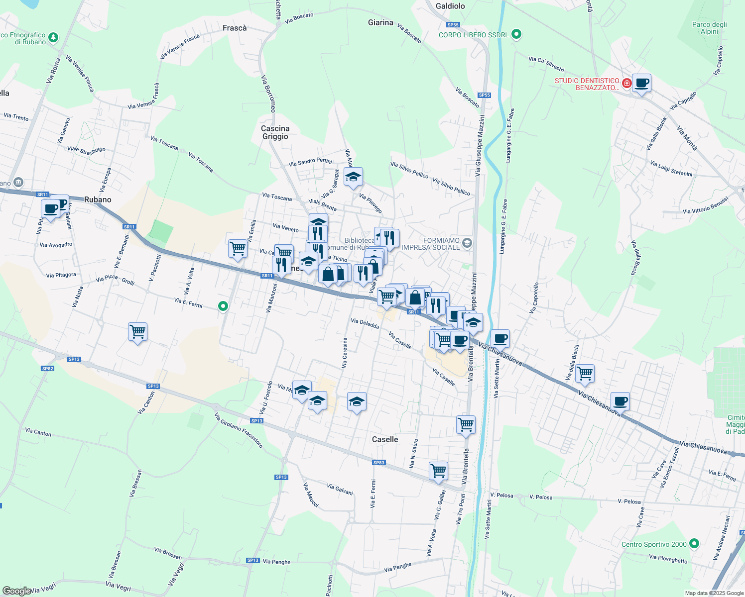 map of restaurants, bars, coffee shops, grocery stores, and more near Strada Statale 11 in Sarmeola