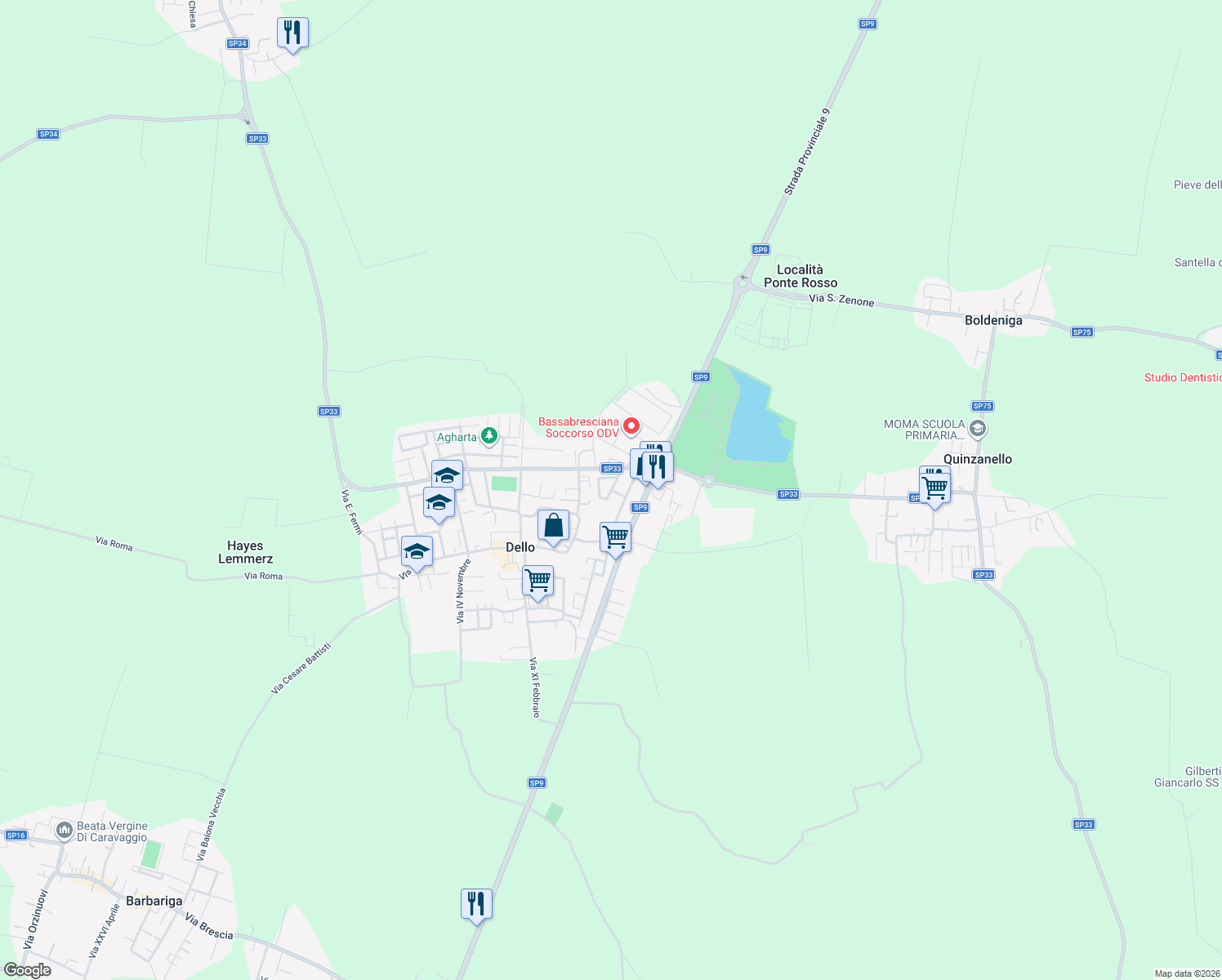 map of restaurants, bars, coffee shops, grocery stores, and more near 37 Via Padre Pio in Dello