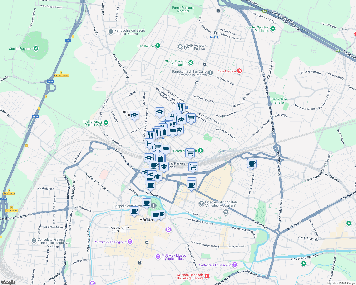 map of restaurants, bars, coffee shops, grocery stores, and more near 29 Via Pietro Selvatico in Padova