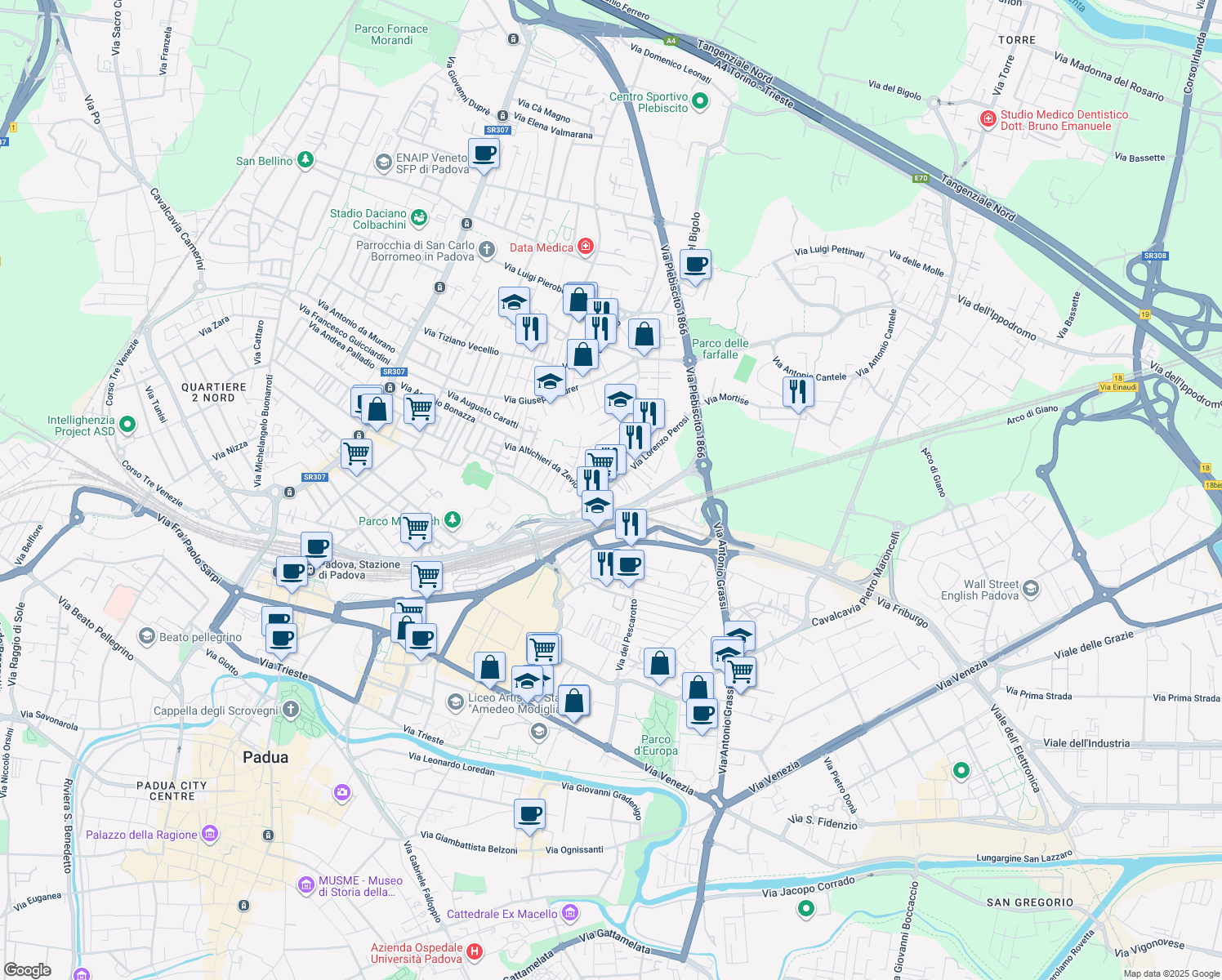 map of restaurants, bars, coffee shops, grocery stores, and more near Via Jacopo Avanzo in Padua