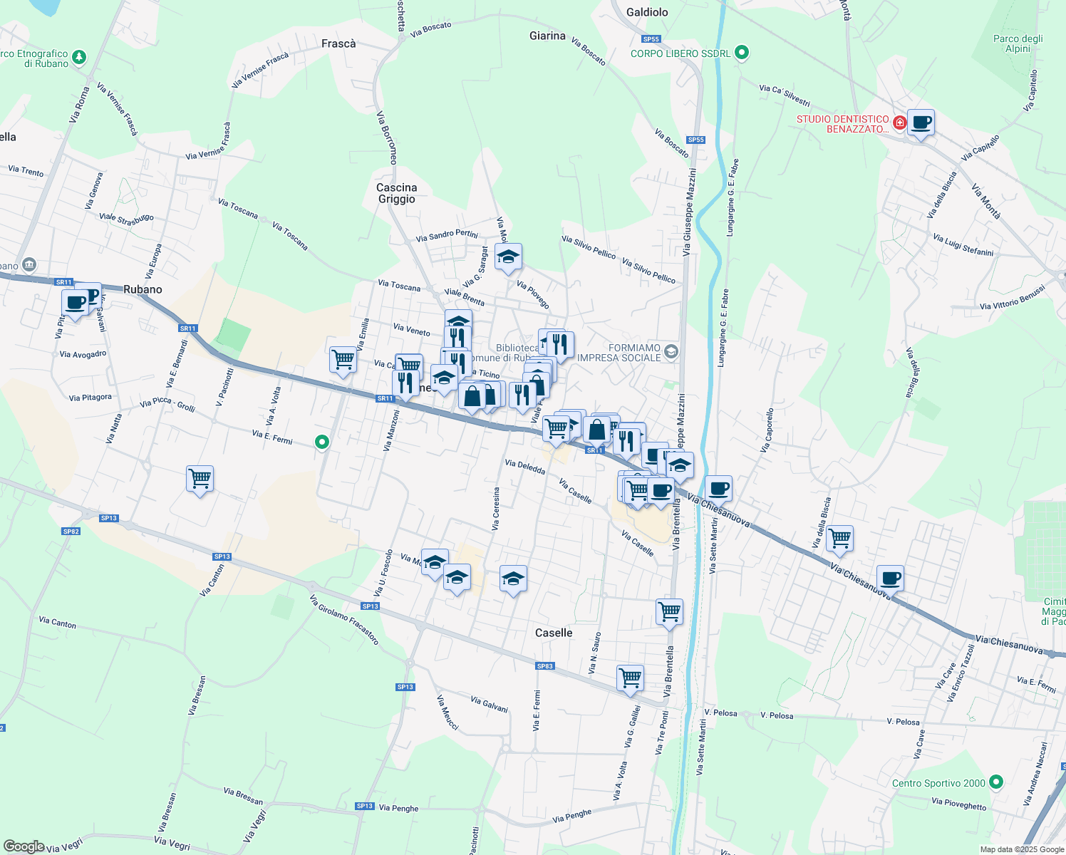 map of restaurants, bars, coffee shops, grocery stores, and more near Strada Statale 11 in Sarmeola