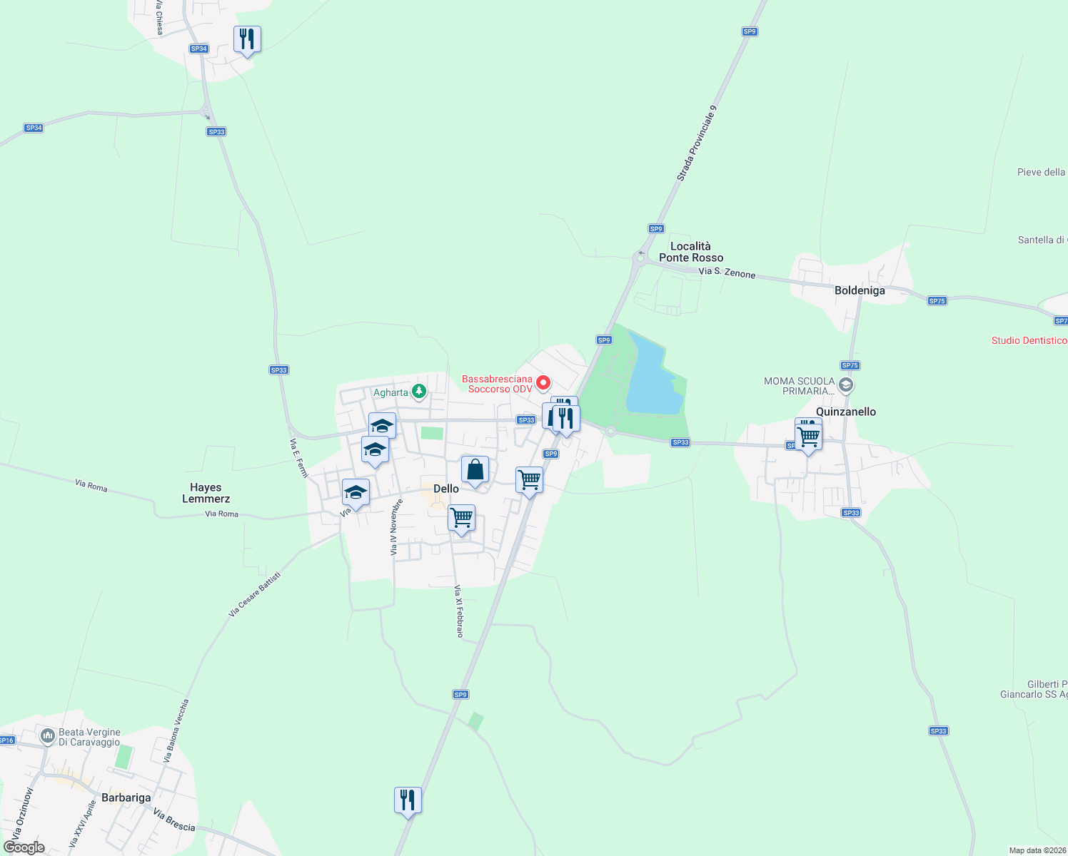 map of restaurants, bars, coffee shops, grocery stores, and more near 37 Via Padre Pio in Dello