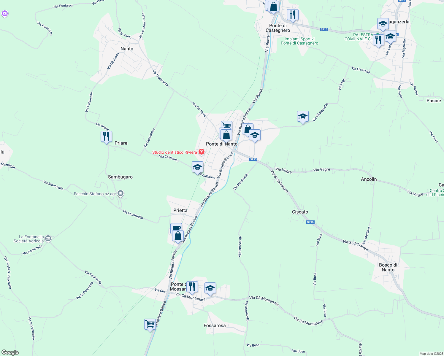 map of restaurants, bars, coffee shops, grocery stores, and more near 36 Via Riviera Berica in Ponte di Nanto