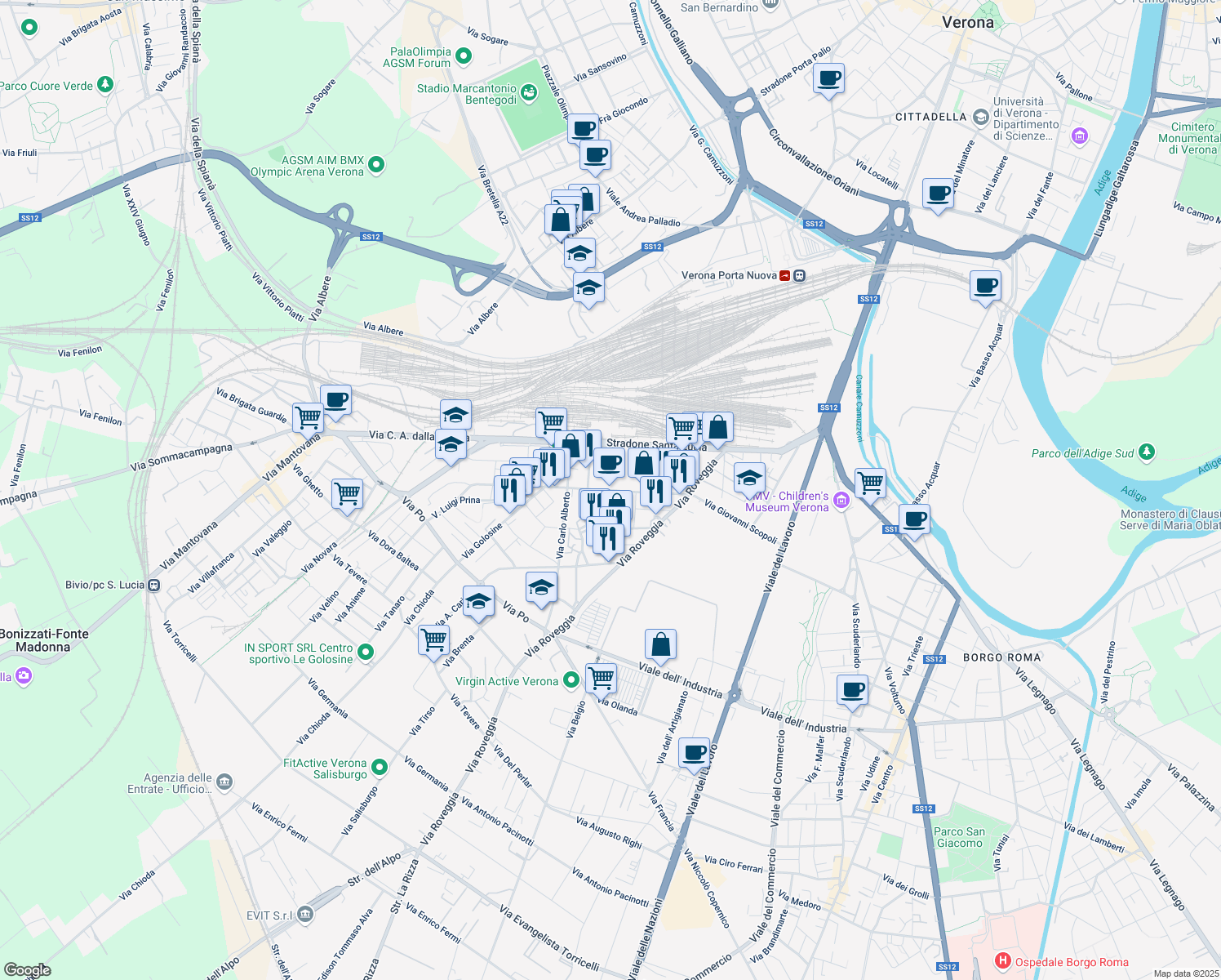map of restaurants, bars, coffee shops, grocery stores, and more near 35 Via Giovanna Murari Brà in Verona