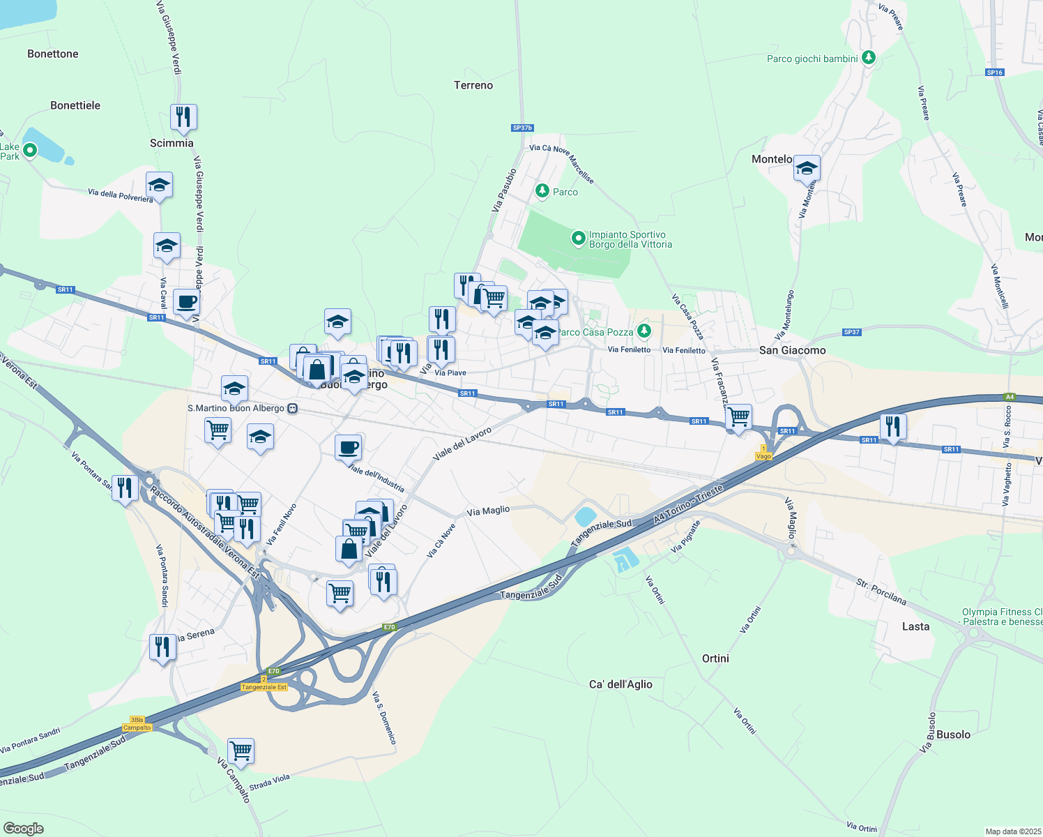 map of restaurants, bars, coffee shops, grocery stores, and more near 38 Via Nazionale in San Martino Buon Albergo