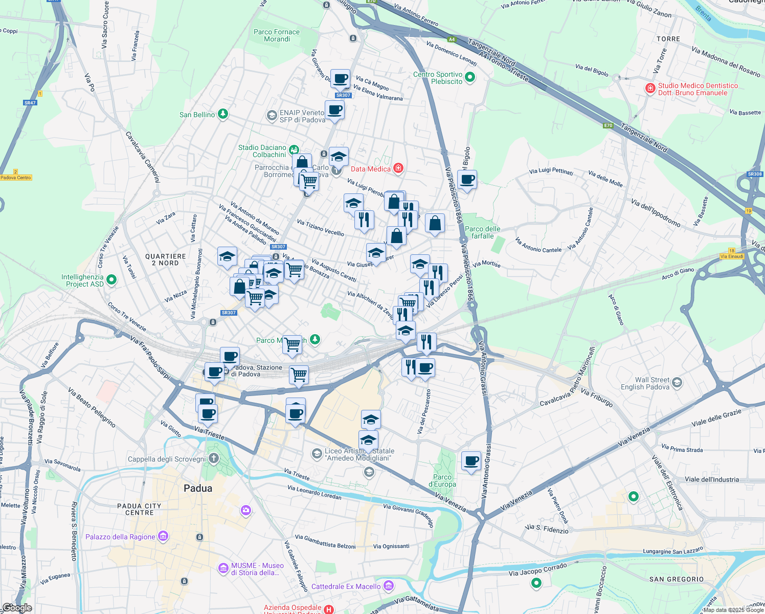 map of restaurants, bars, coffee shops, grocery stores, and more near 53 Via Altichieri da Zevio in Padova
