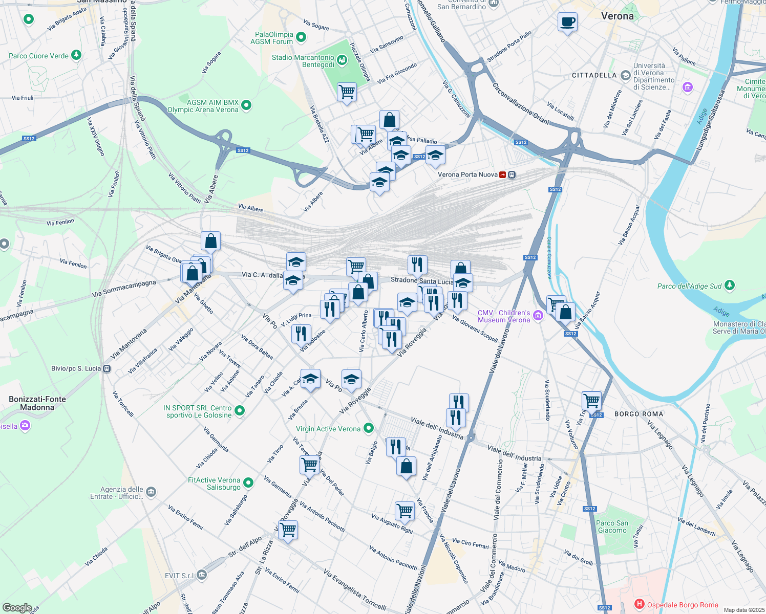 map of restaurants, bars, coffee shops, grocery stores, and more near 33-35 Via Giovanna Murari Brà in Verona