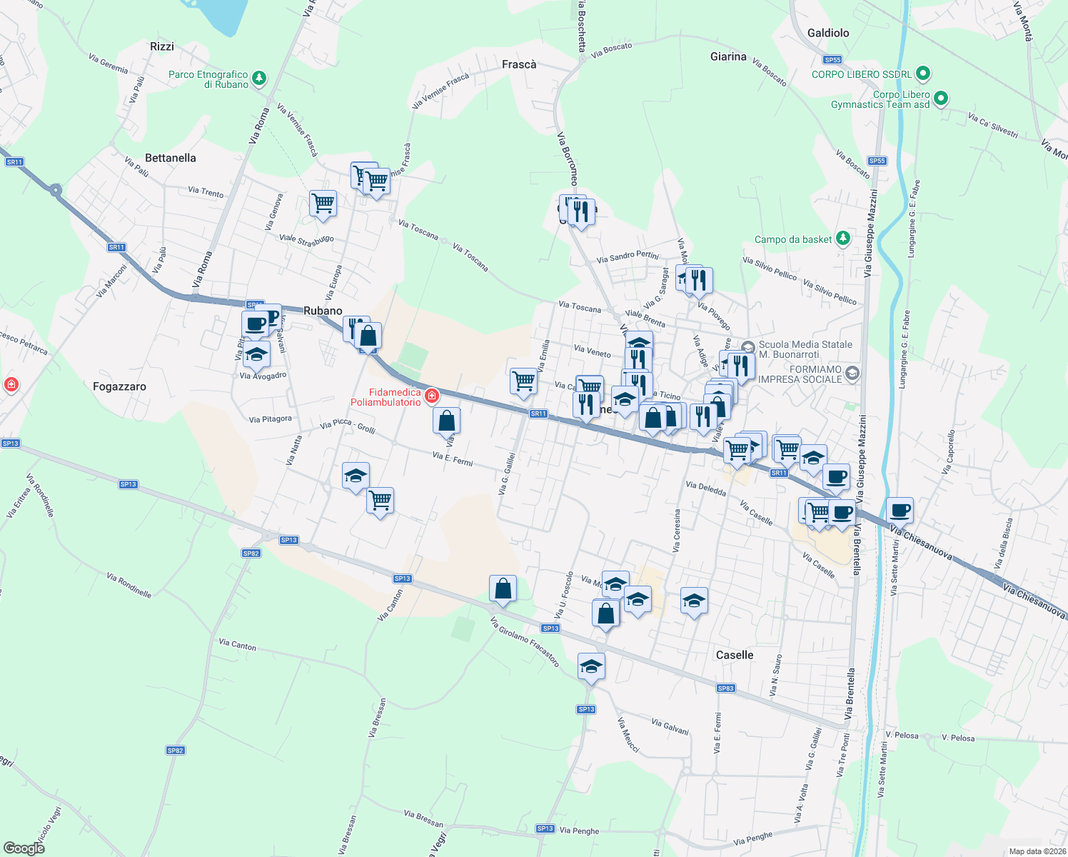 map of restaurants, bars, coffee shops, grocery stores, and more near 1 Via Dante in Sarmeola