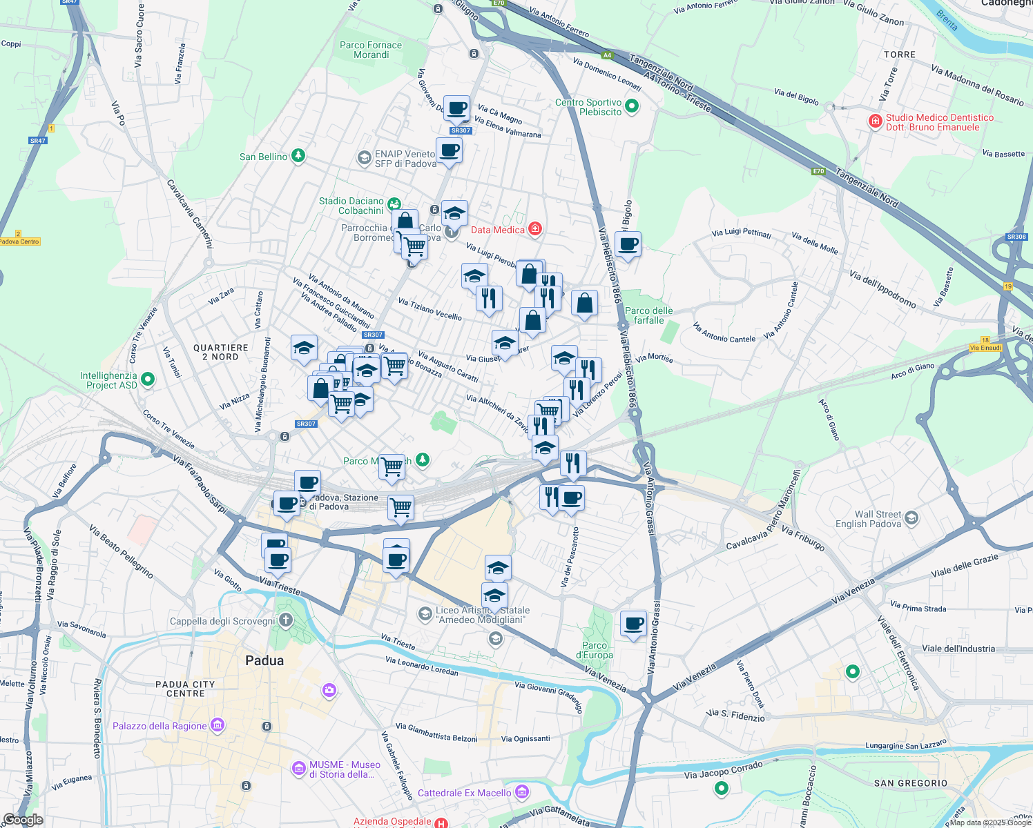 map of restaurants, bars, coffee shops, grocery stores, and more near 53 Via Altichieri da Zevio in Padova