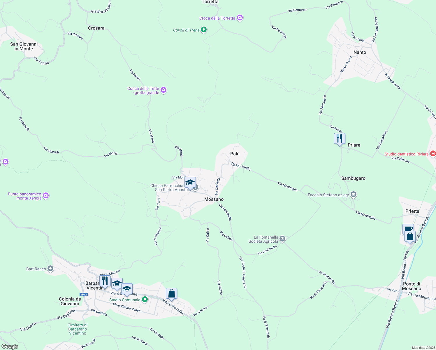 map of restaurants, bars, coffee shops, grocery stores, and more near 5 Via Capitello in Mossano