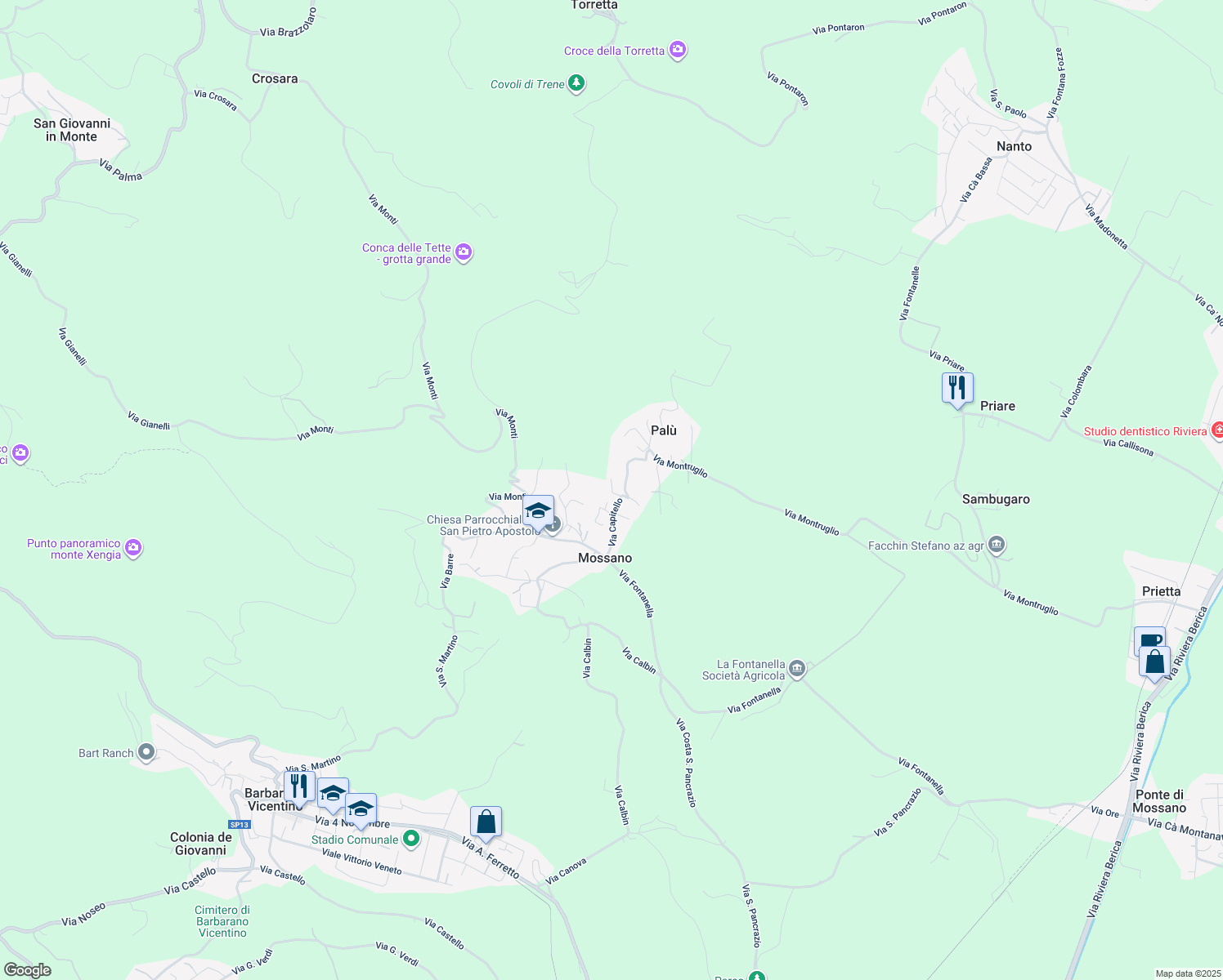 map of restaurants, bars, coffee shops, grocery stores, and more near 5 Via Capitello in Mossano