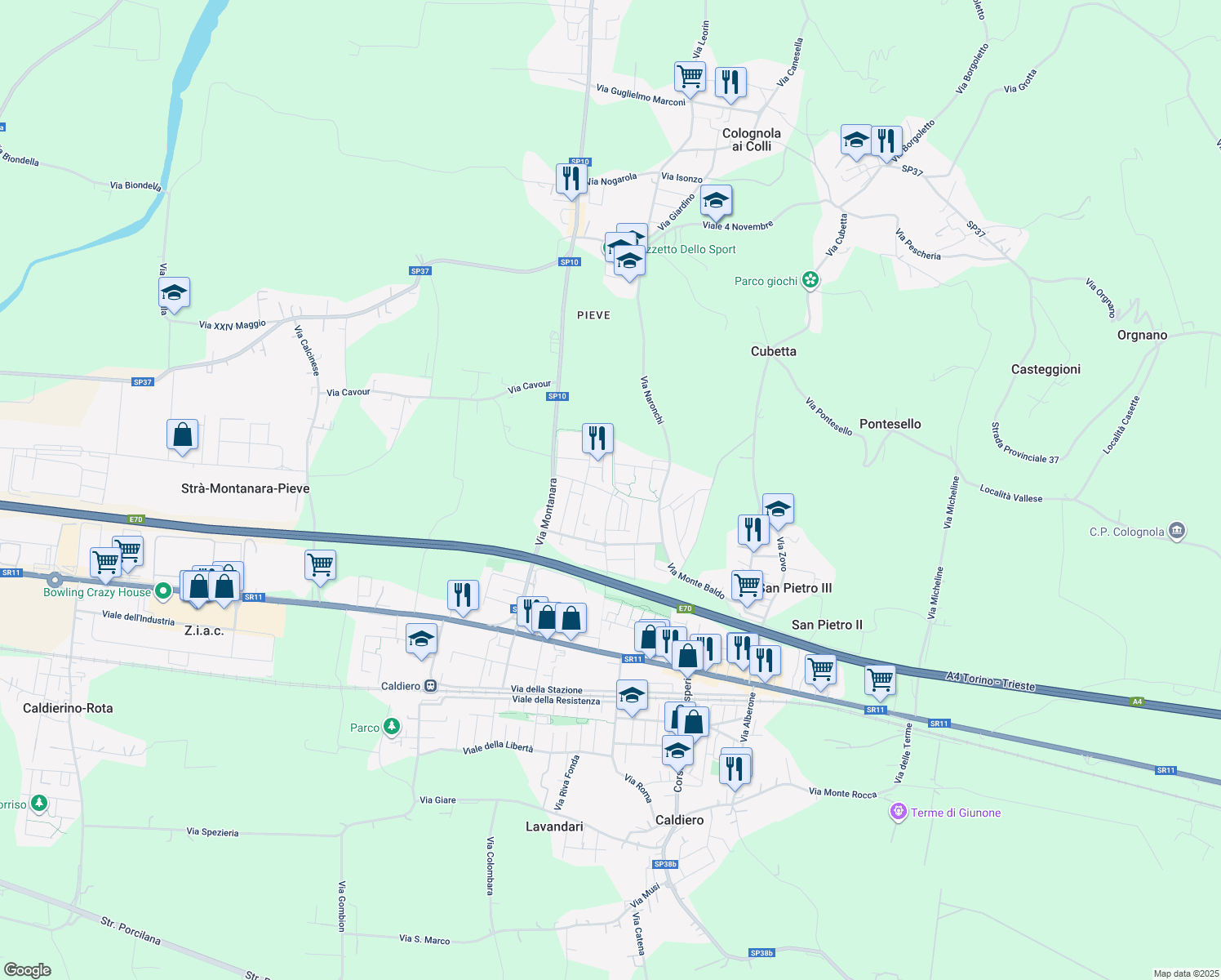 map of restaurants, bars, coffee shops, grocery stores, and more near 19 Via A. Vespucci in Strà-Montanara-Pieve