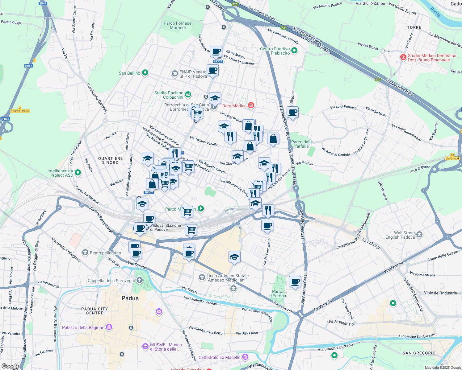 map of restaurants, bars, coffee shops, grocery stores, and more near 6 Via Claudio Monteverdi in Padua