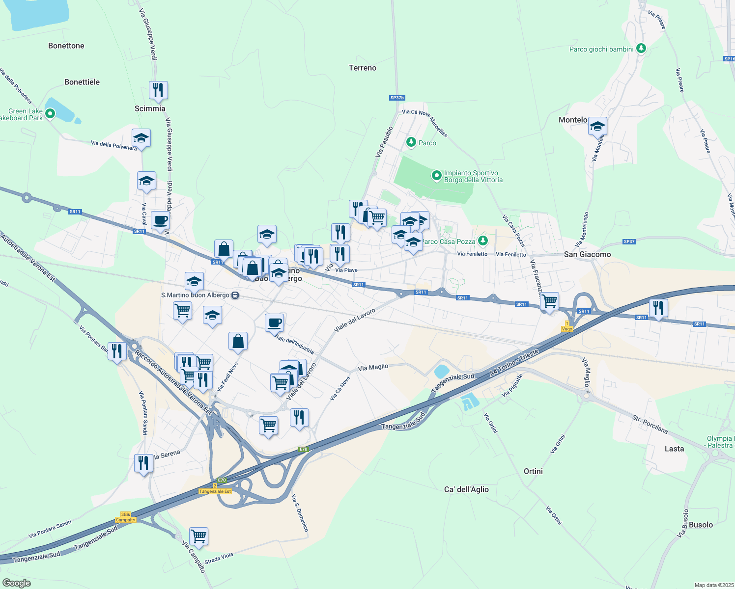 map of restaurants, bars, coffee shops, grocery stores, and more near 5 Via Paglia in San Martino Buon Albergo