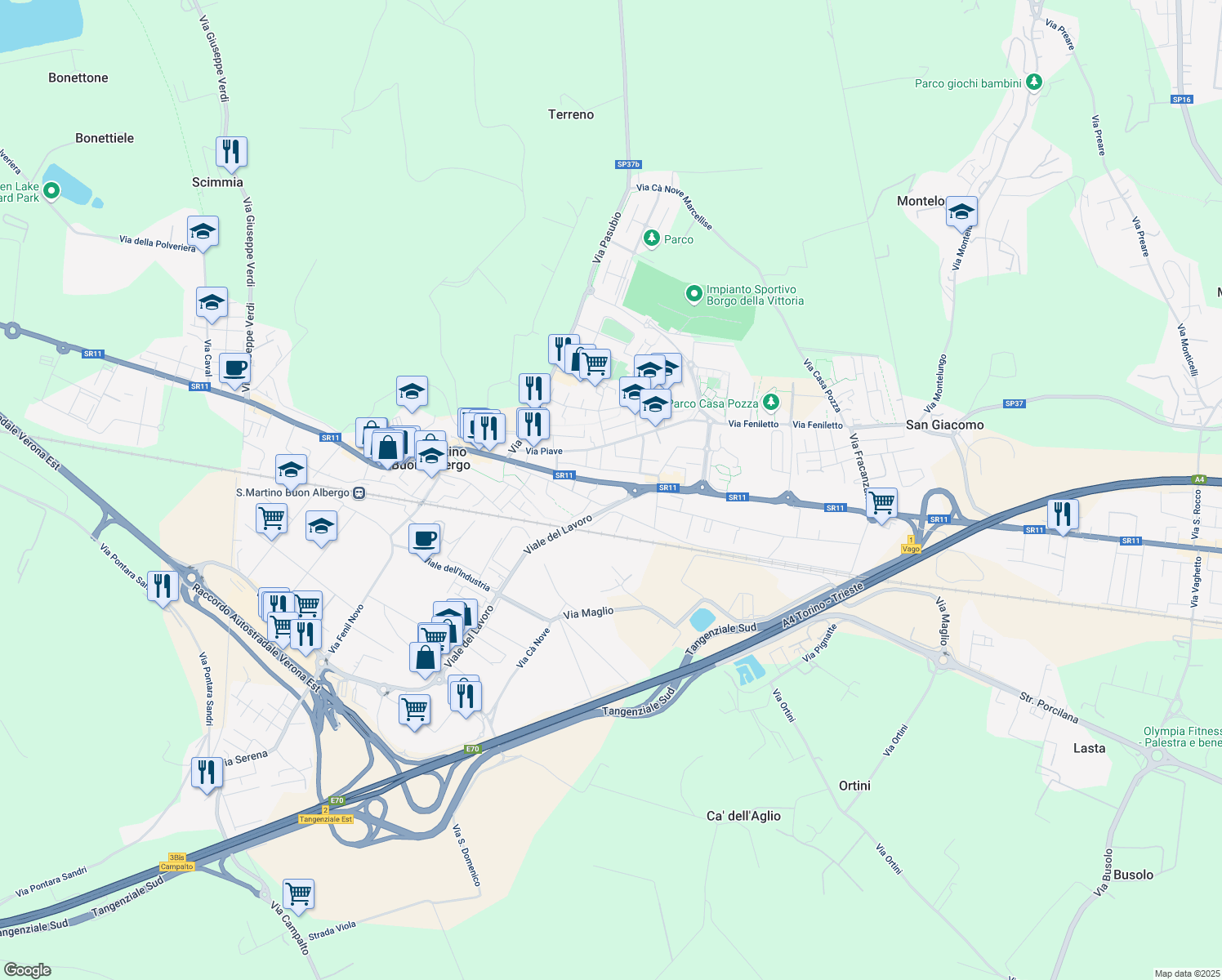 map of restaurants, bars, coffee shops, grocery stores, and more near 38 Via Nazionale in San Martino Buon Albergo