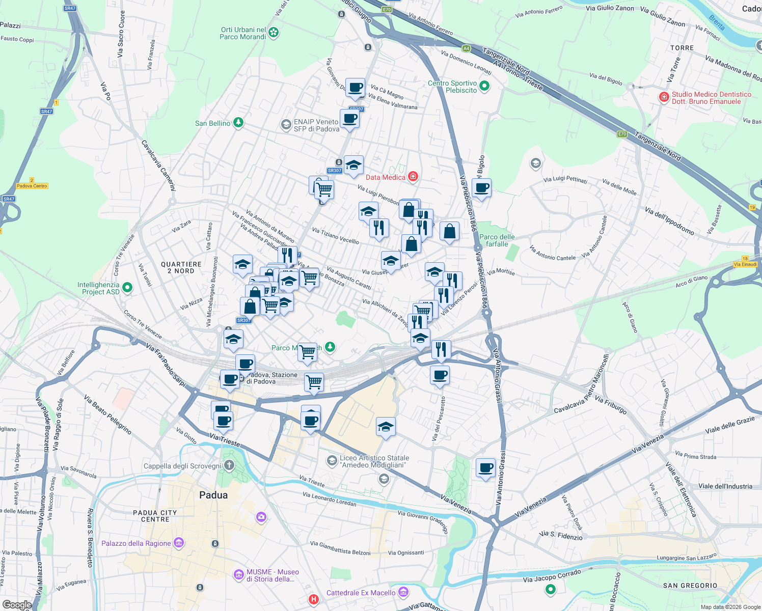 map of restaurants, bars, coffee shops, grocery stores, and more near 6 Via Claudio Monteverdi in Padua
